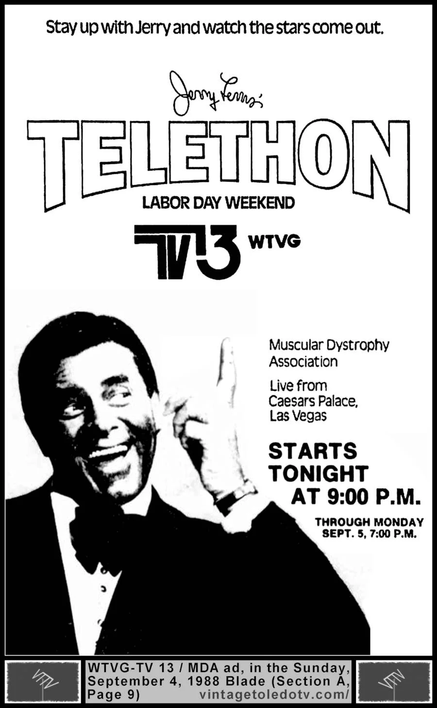 Jerry Lewis Labor Day Telethon on WTVG-TV 13 (Sun 9/4/88 TV Guide ad)