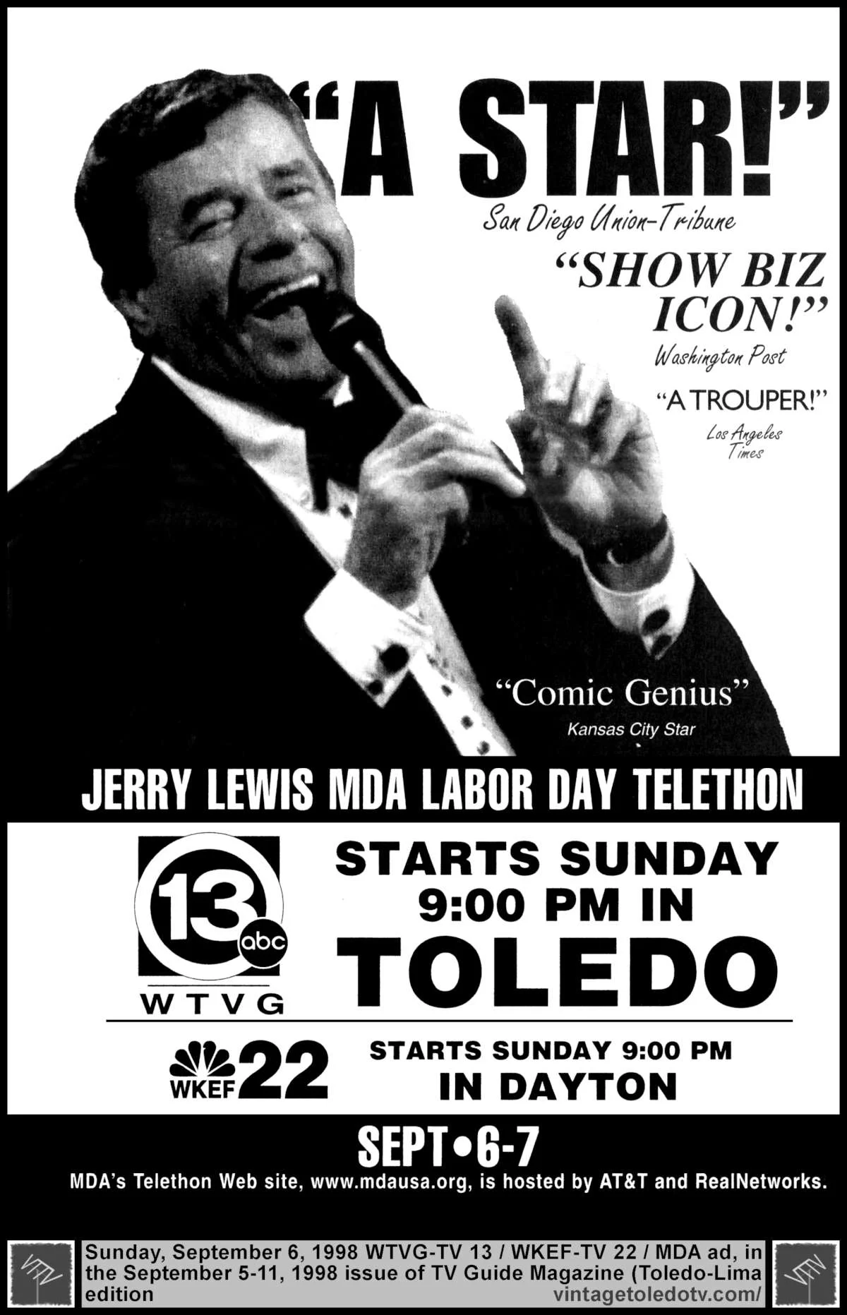Jerry Lewis MDA Labor Day Telethon (Sun 9/6/98 full-page TV Guide ad)