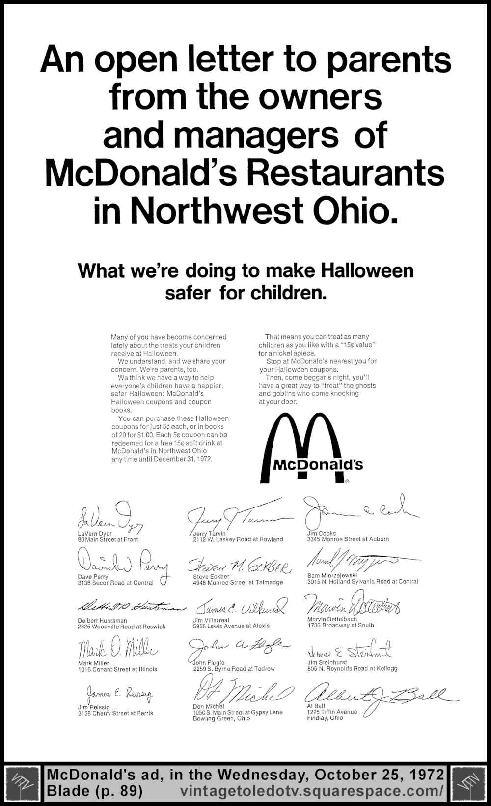 McDonald's full-page Halloween ad (Wed 10/25/72)