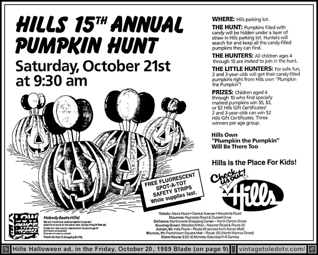 Hills 15th Annual Pumpkin Hunt (Fri 10/20/89 Halloween ad)