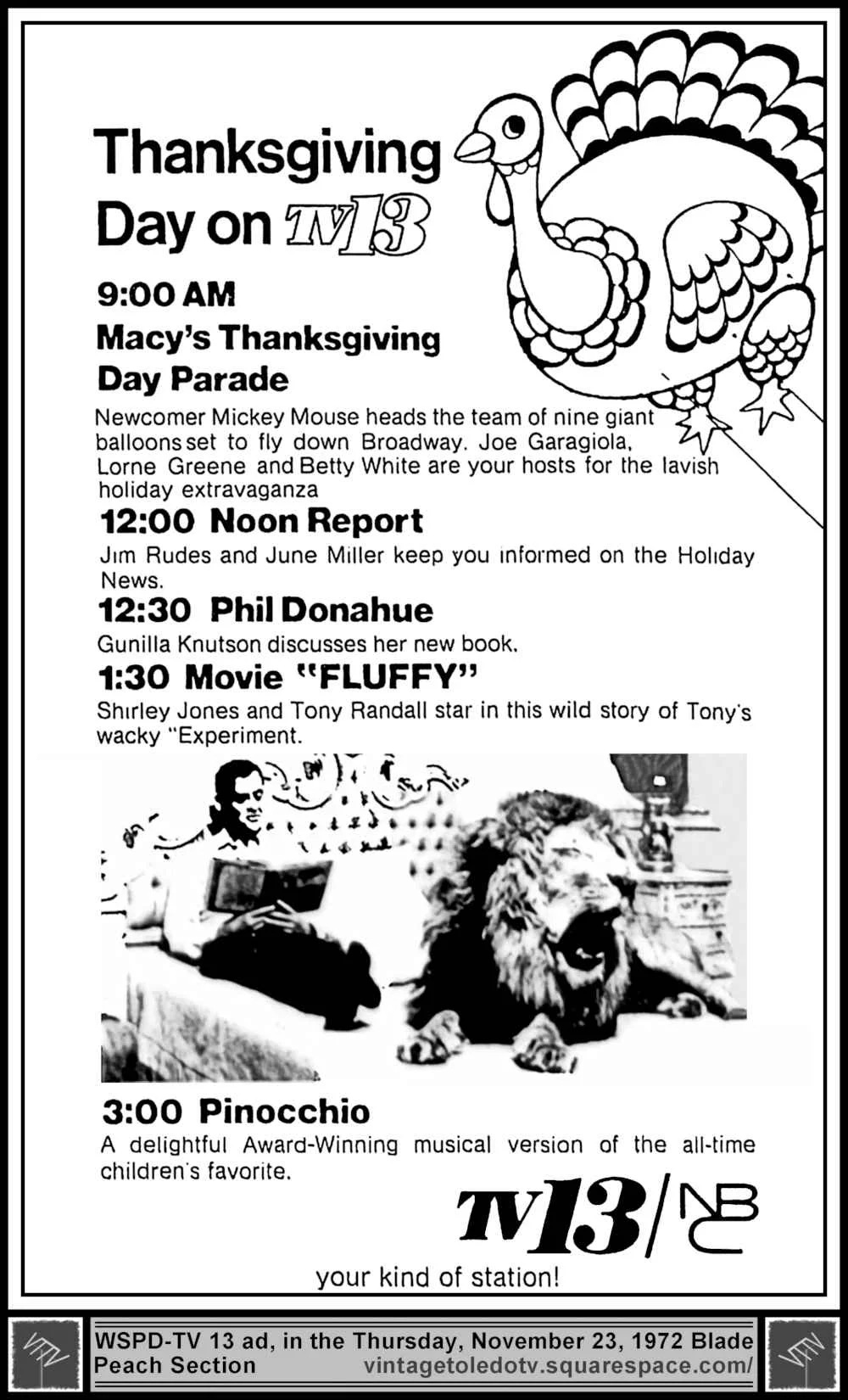Thanksgiving Day Programs on WSPD-TV 13 (Thu 11/23/72 ad)