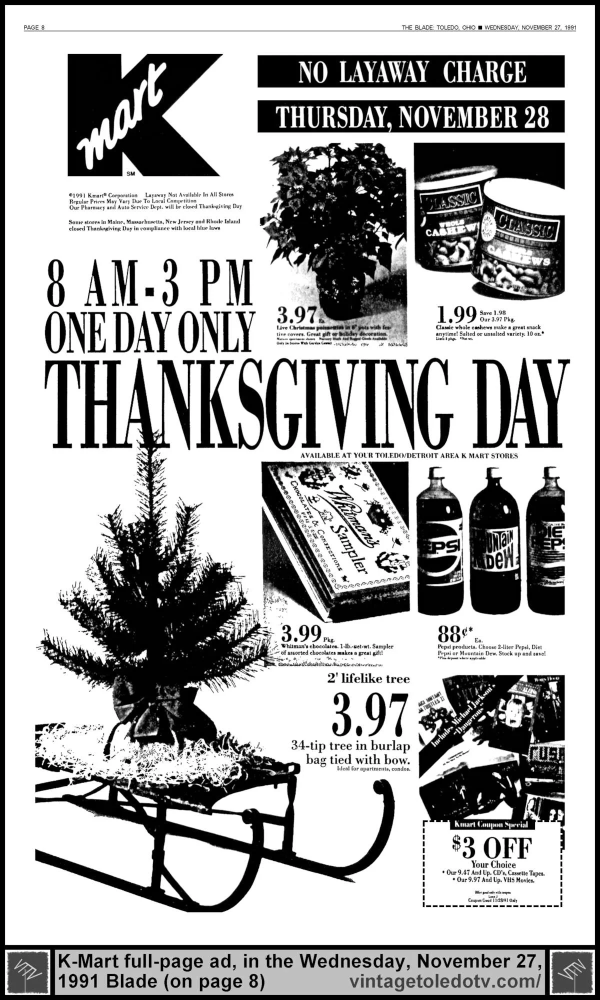 K-Mart...Thanksgiving Day (Wed 11/27/91 full-page ad)