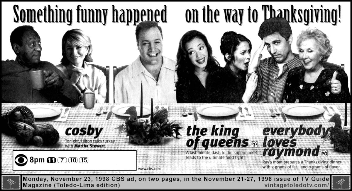 CBS Monday night Thanksgiving Shows (Mon 11/23/98 TV Guide ad on 2 pages)
