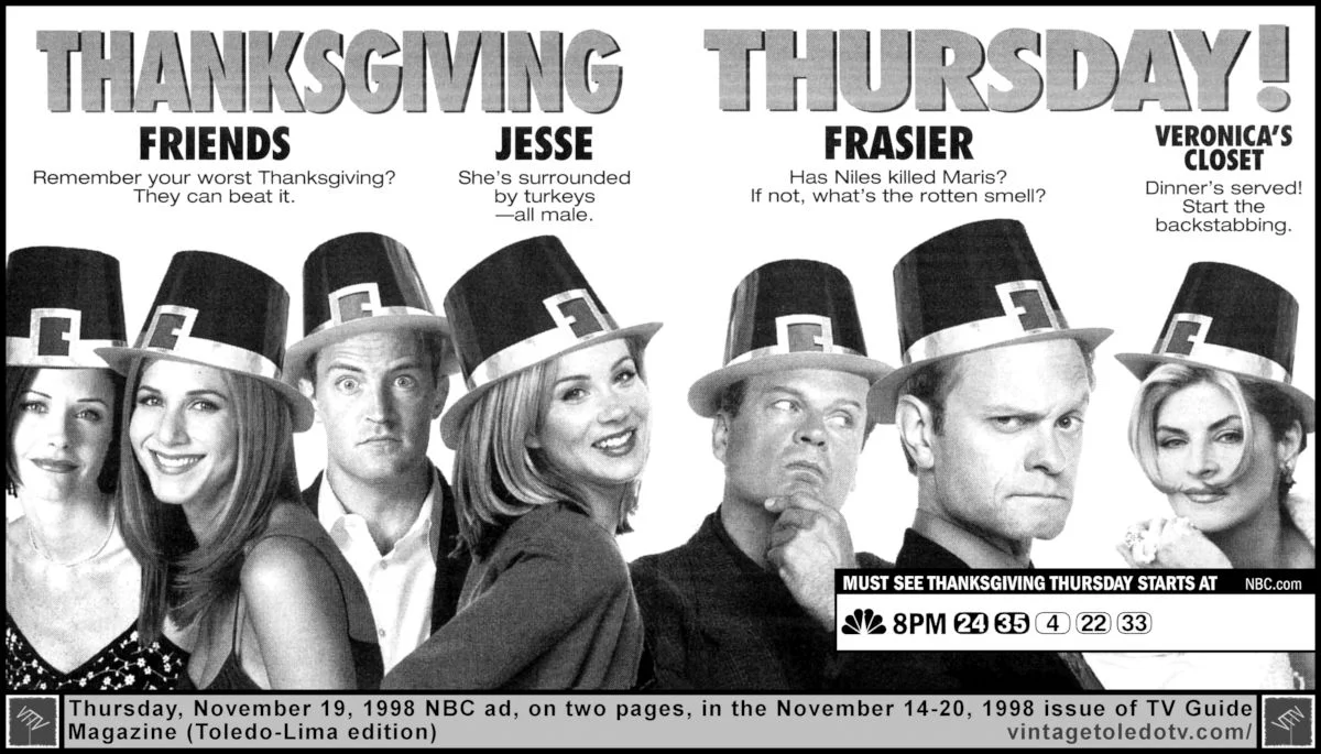 NBC Thanksgiving Thursday (Thu 11/19/98 TV Guide ad on 2 pages)