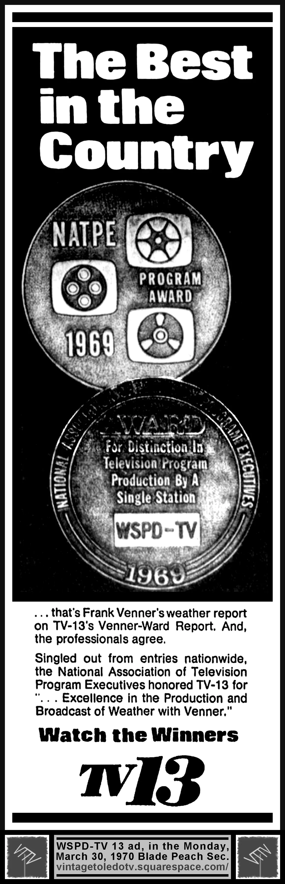 The Best in the Country...Weather on The Venner-Ward Report, on WSPD-TV 13 (Monday, 3/30/70 ad, in The Blade Peach Section)