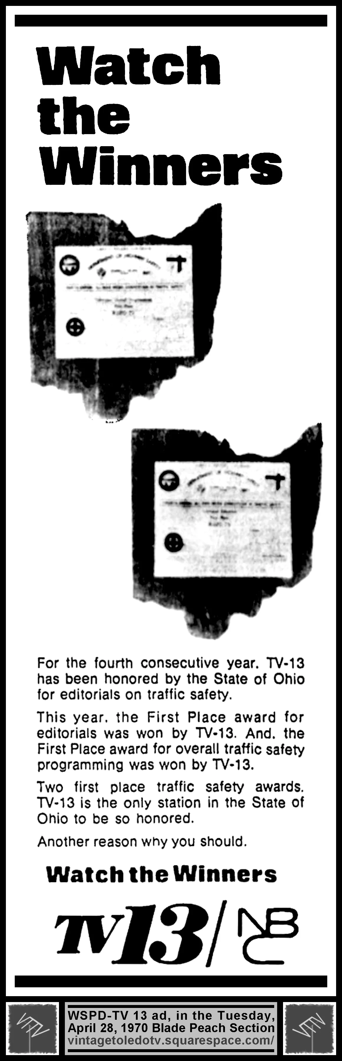 Watch the Winners...WSPD-TV 13 (Tuesday, 4/28/70 ad, in The Blade Peach Section)