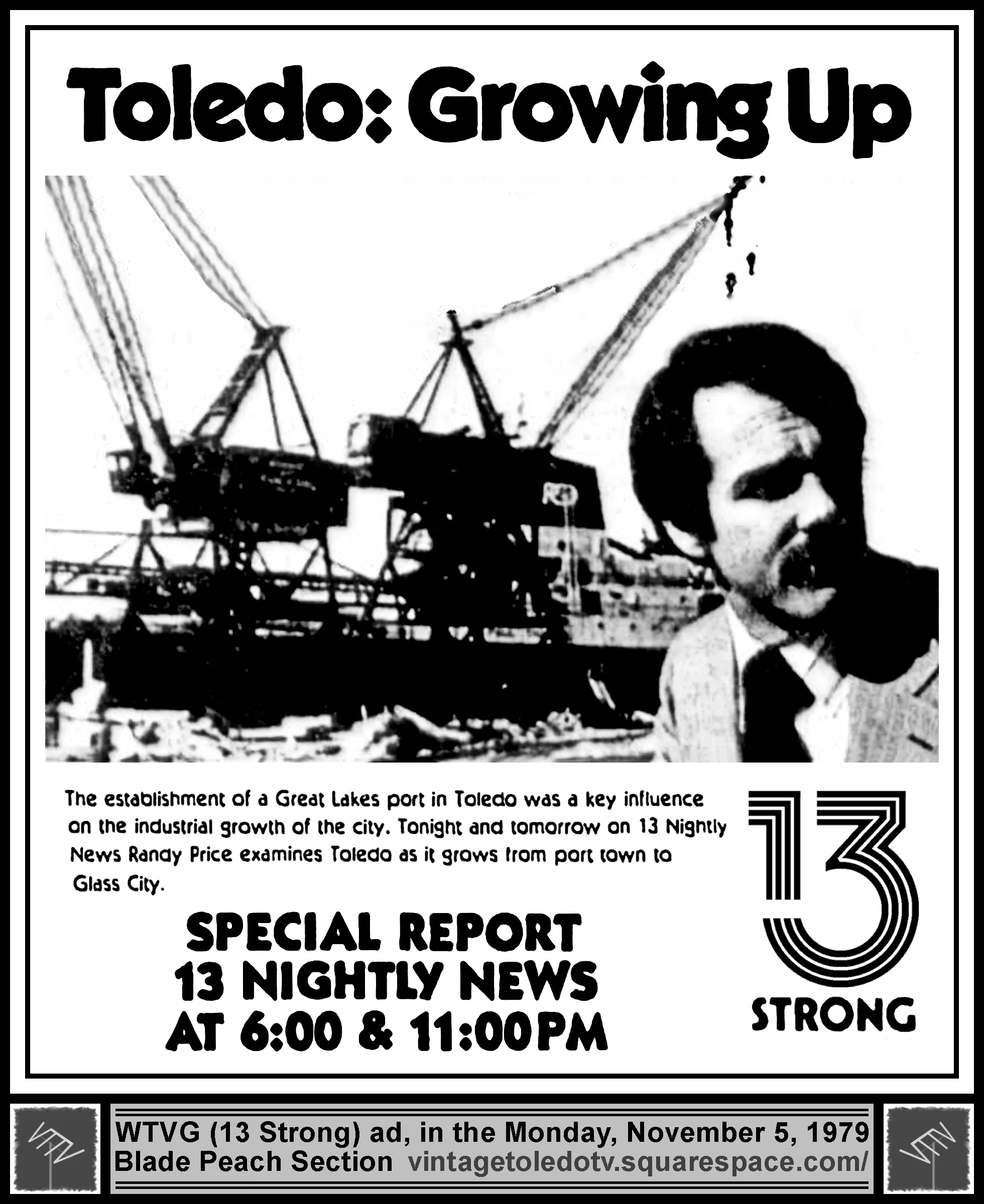 Randy Price report on Toledo: Growing Up, on 13 Nightly News, on WTVG-TV 13 Strong (Monday, 11/5/79 ad, in The Blade Peach Section)