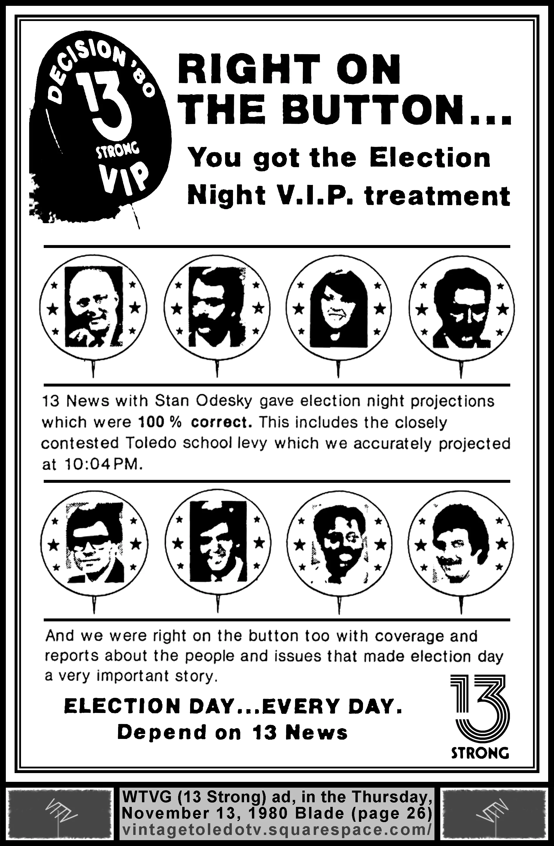 Right on the Button...Decision '80 Election Projections, on WTVG-TV 13 Strong (Thursday, 11/13/80 ad, in The Blade)