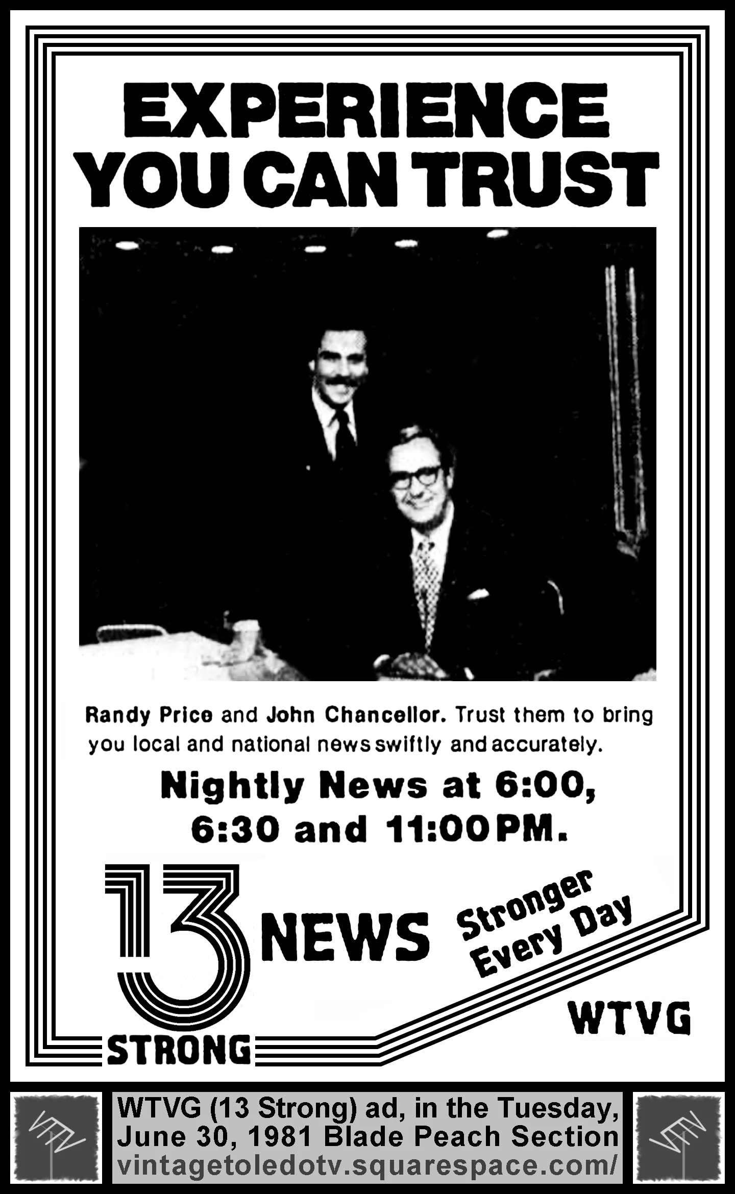 Randy Price on 13 Nightly News & John Chancellor on NBC Nightly News, on WTVG-TV 13 Strong (Tuersday, 6/30/81 ad, in The Blade Peach Section)