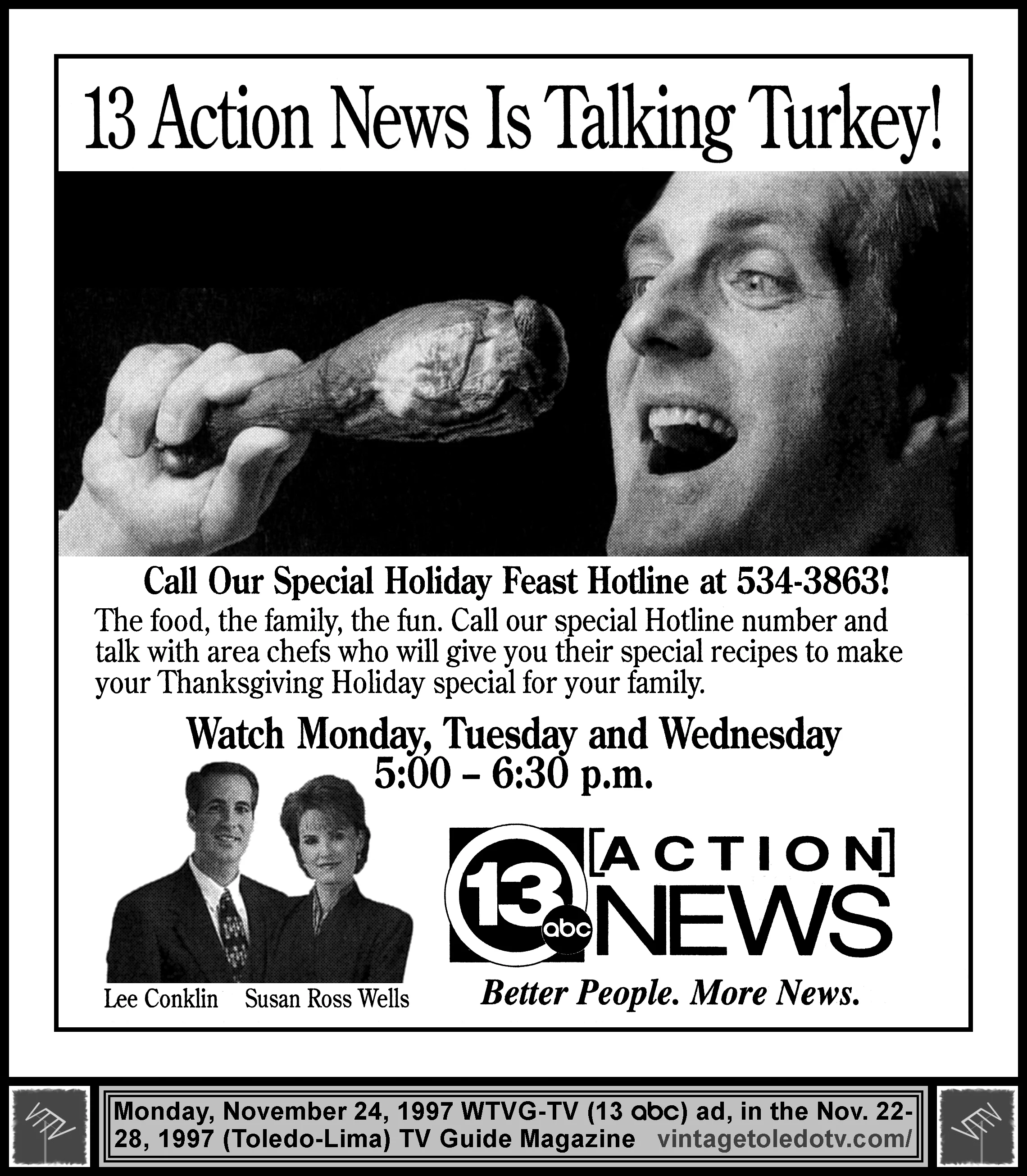 13 Action News Is Talking Turkey!, on WTVG-TV (Monday, 11/24/97 ad, in TV Guide Magazine - Toledo-Lima edition)