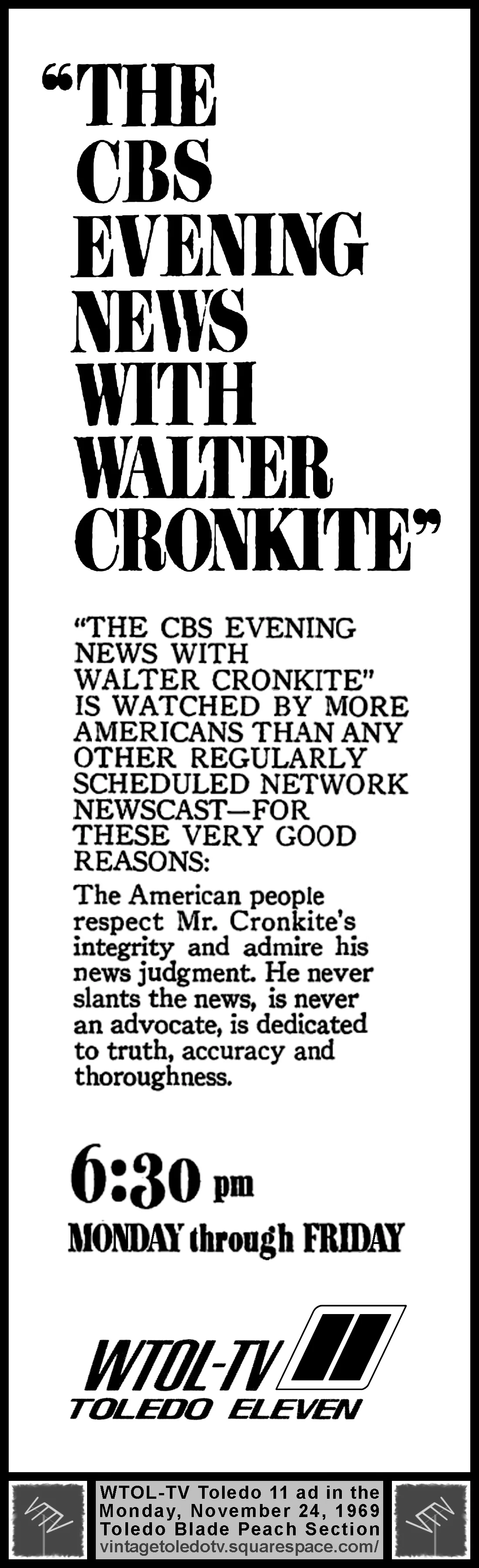 CBS Evening News with Walter Cronkite (Mon. 11/24/69 ad in The Blade Peach Section)