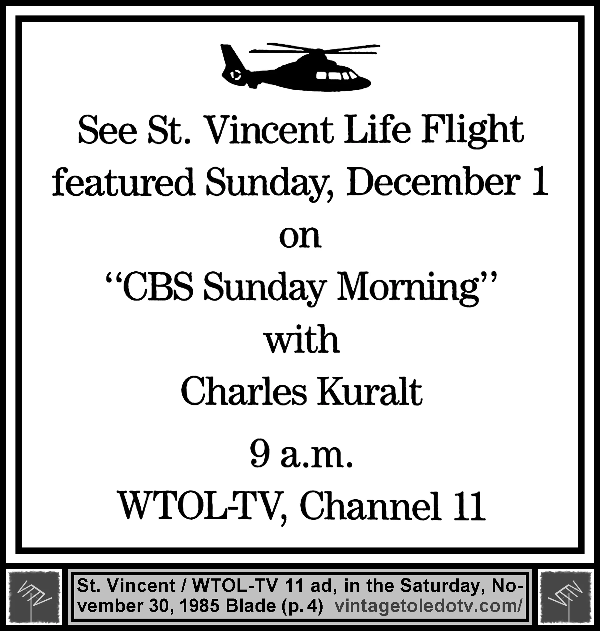 CBS Sunday Morning with Charles Kuralt (Sat 11/30/85 ad in The Blade)