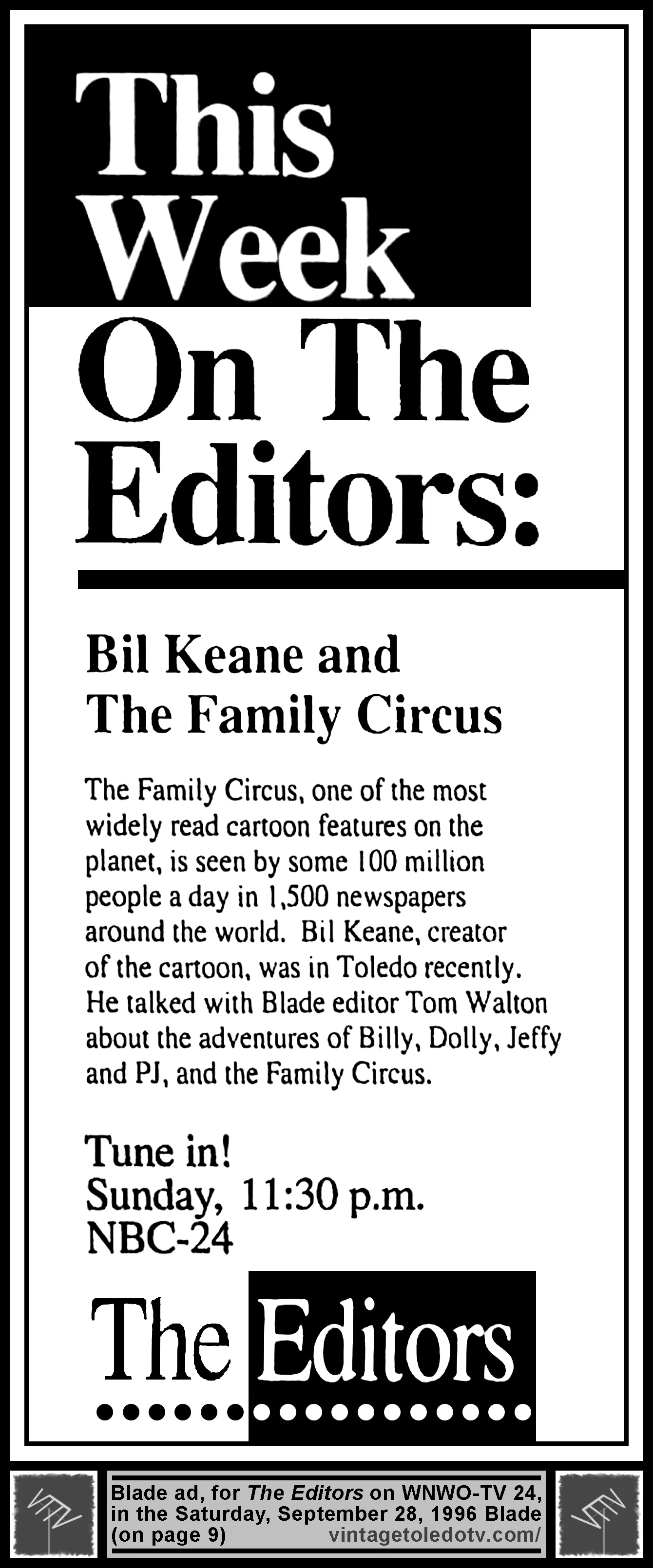 This Week on The Editors: Bil Keane and The Family Circus (Saturday, 9/28/96 ad in The Blade)