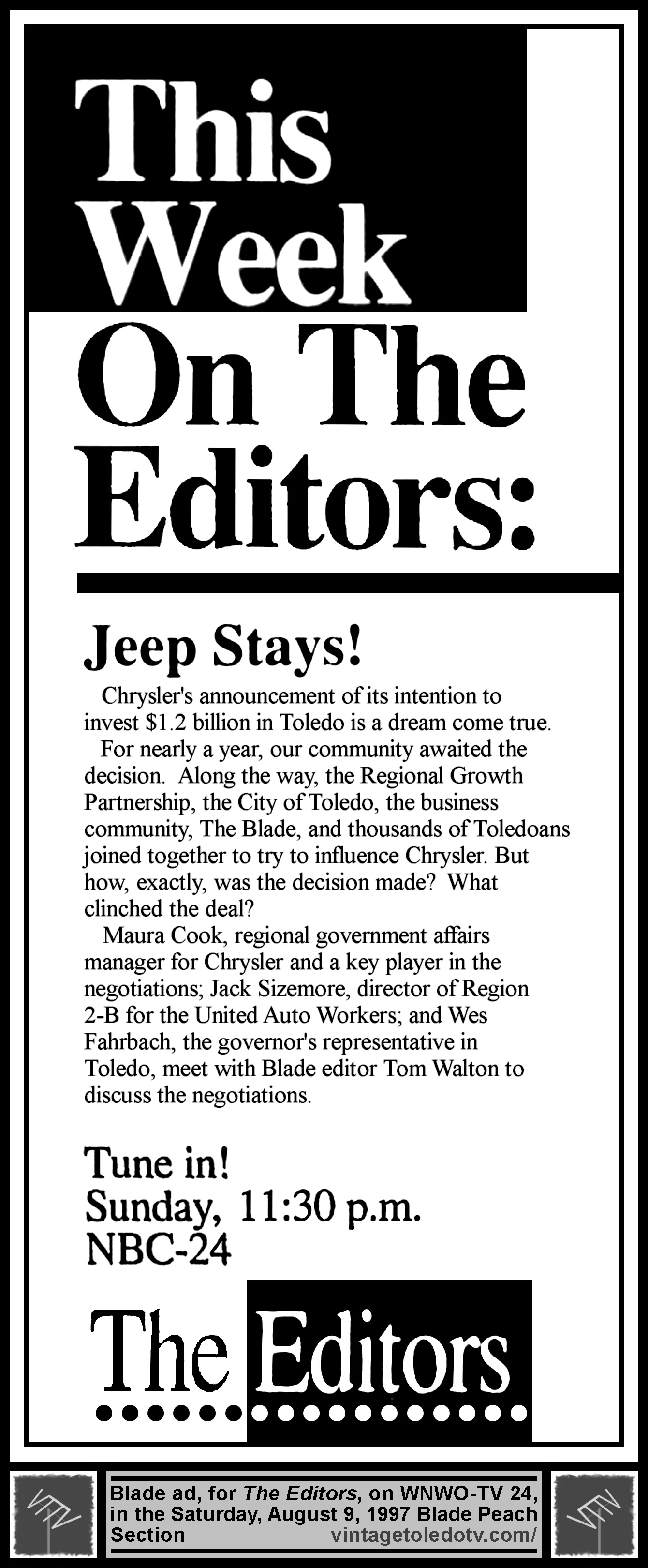 This Week on The Editors: Jeep Stays! (Saturday, 8/9/97 ad in The Blade Peach Section)