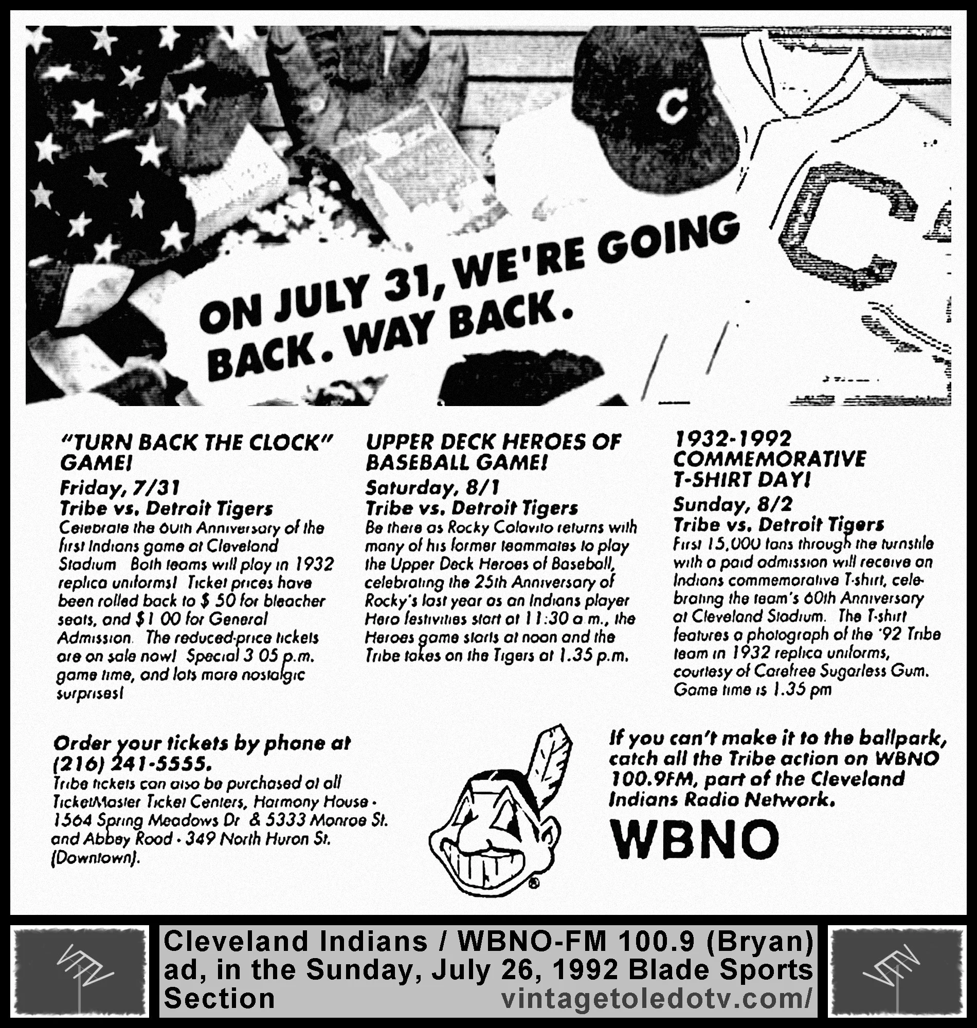 Cleveland Indians vs. detroit Tigers on WBNO-FM 110.9, Bryan (Sun. 6/21/92 ad in The Blade Sports Section)