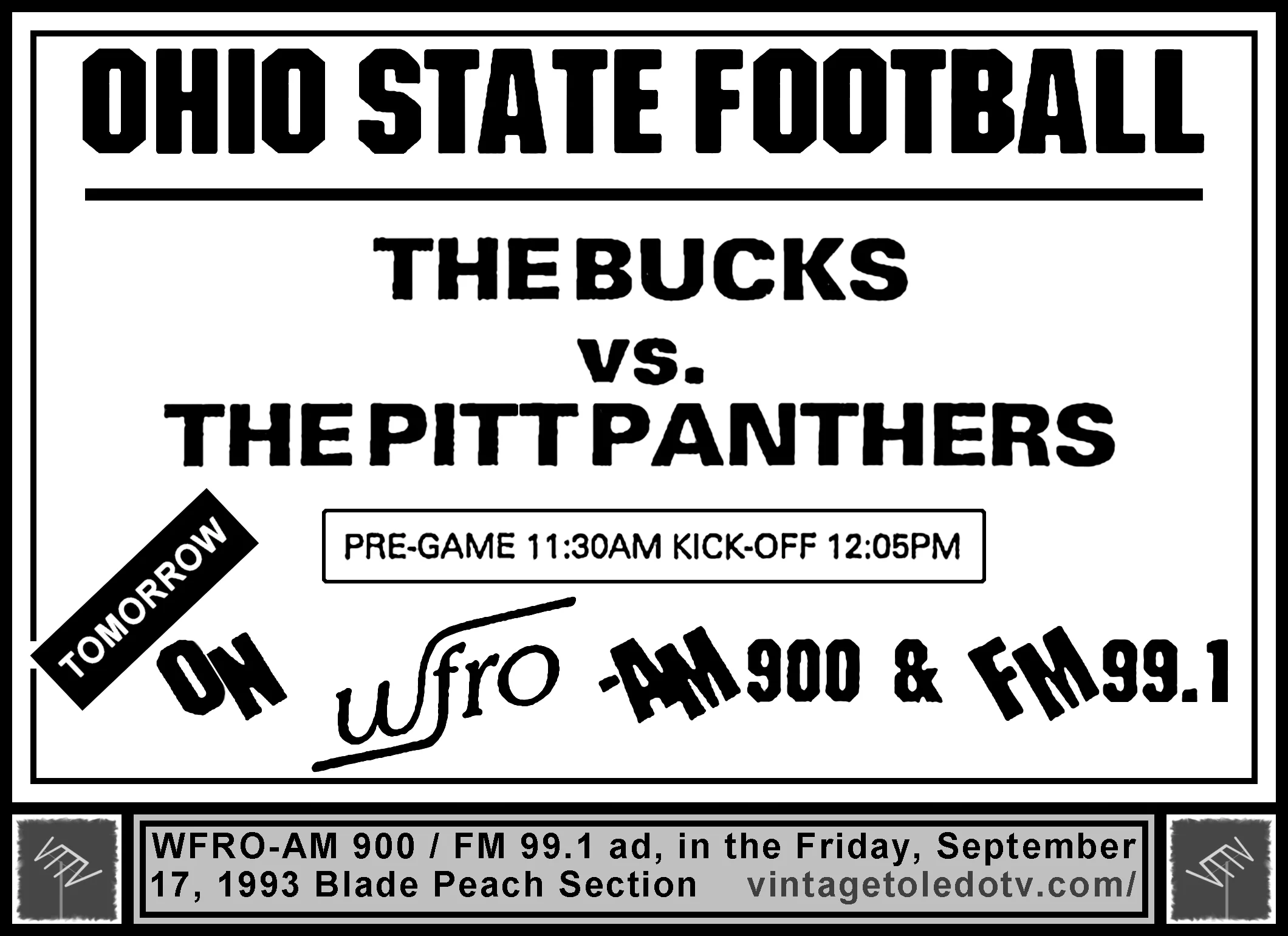 Ohio State Football on WFRO-AM & FM (Fri. 9/17/93 ad in The Blade Peach Section)