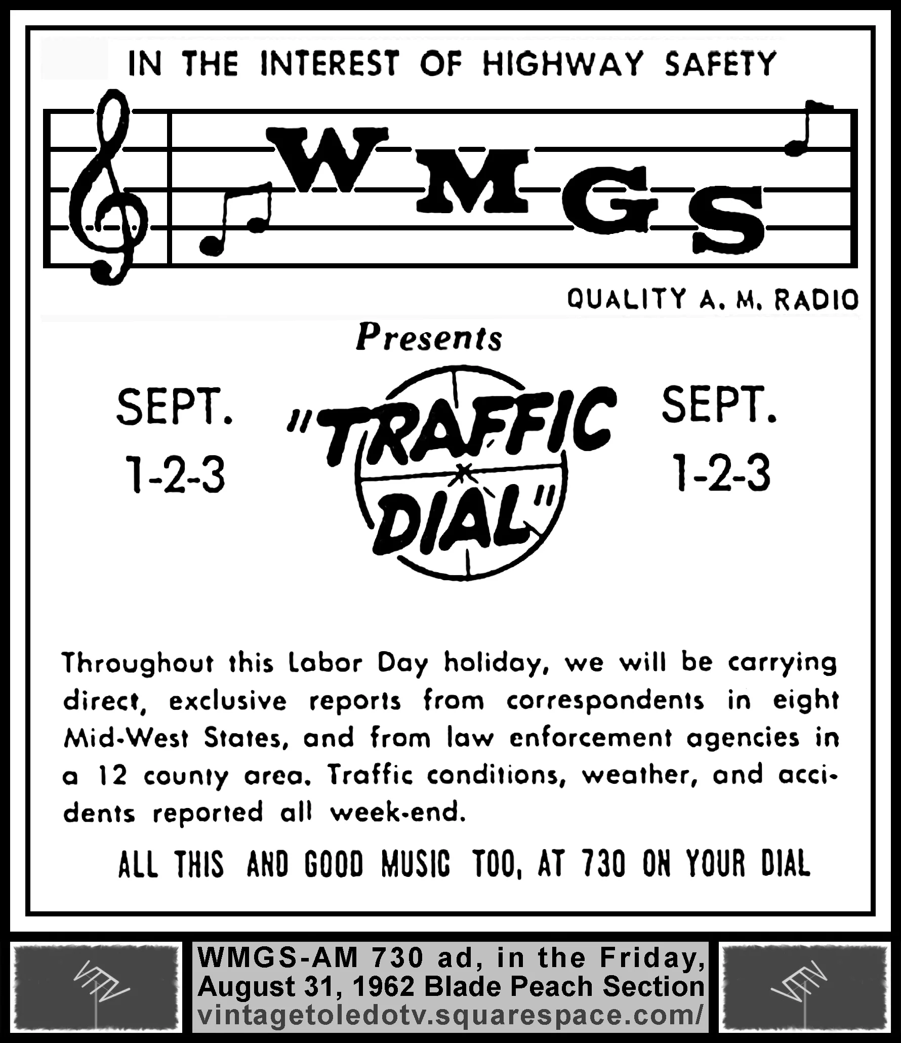Traffic Dial on WMGS-AM 730 (Fri. 8/31/62 ad in The Blade Peach Section)