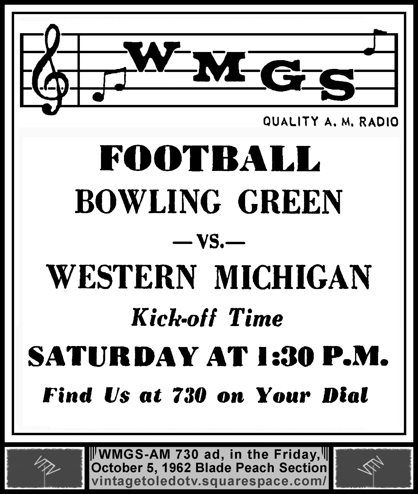 BGSU vs Western Michigan Football on WMGS-AM (Fri. 10/5/62 ad in The Blade Peach Section)