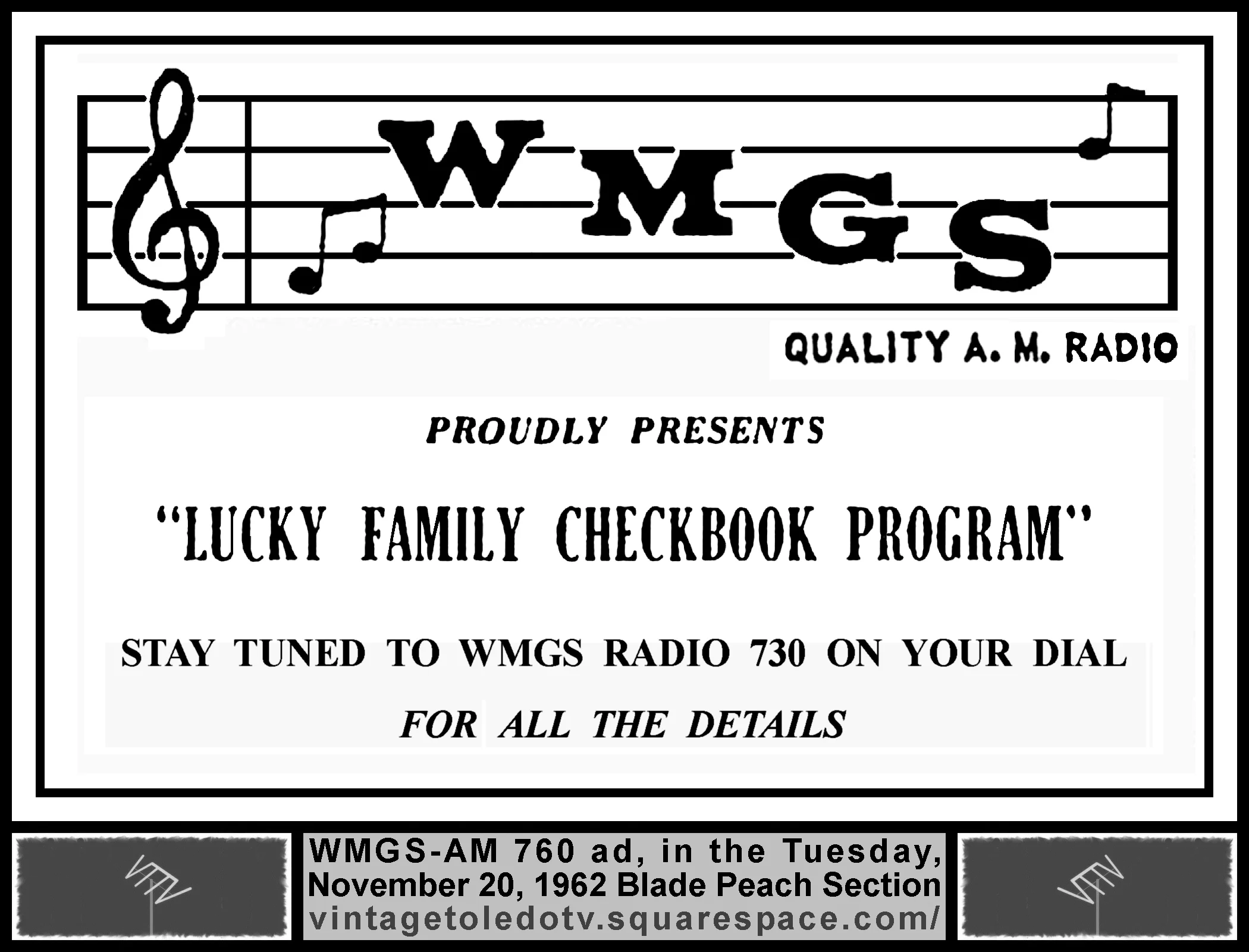 Lucky Family Checkbook Program on WMGS-AM (Tue. 11/20/62 ad in The Blade Peach Section)