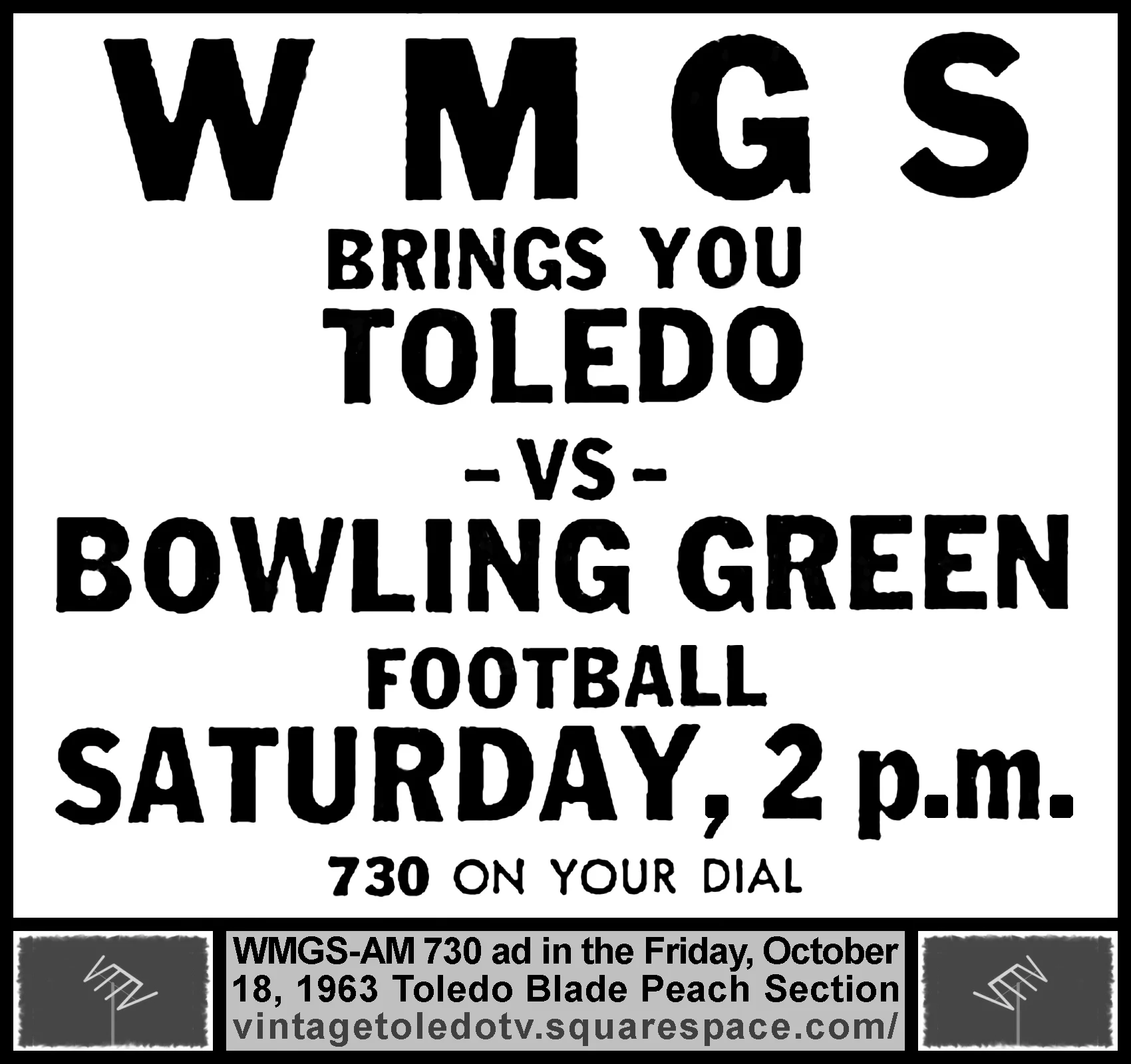 UT vs BGSU Football on WMGS-AM (Fri. 10/18/63 ad in The Blade Peach Section)