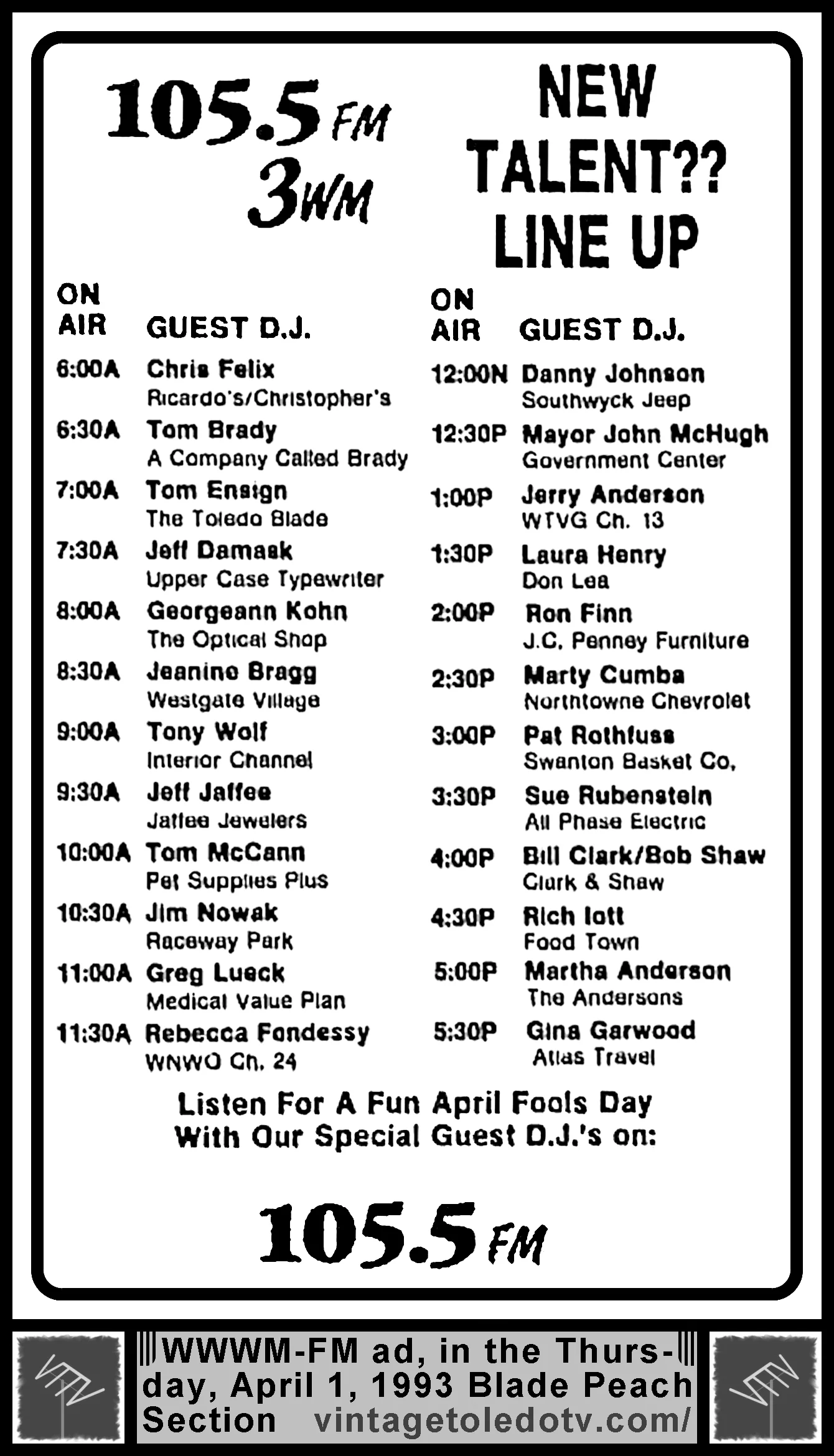 Listen for a fun April Fool's Day...105.5 FM 3WM (Thu. 4/1/93 ad in The Blade Peach Section)