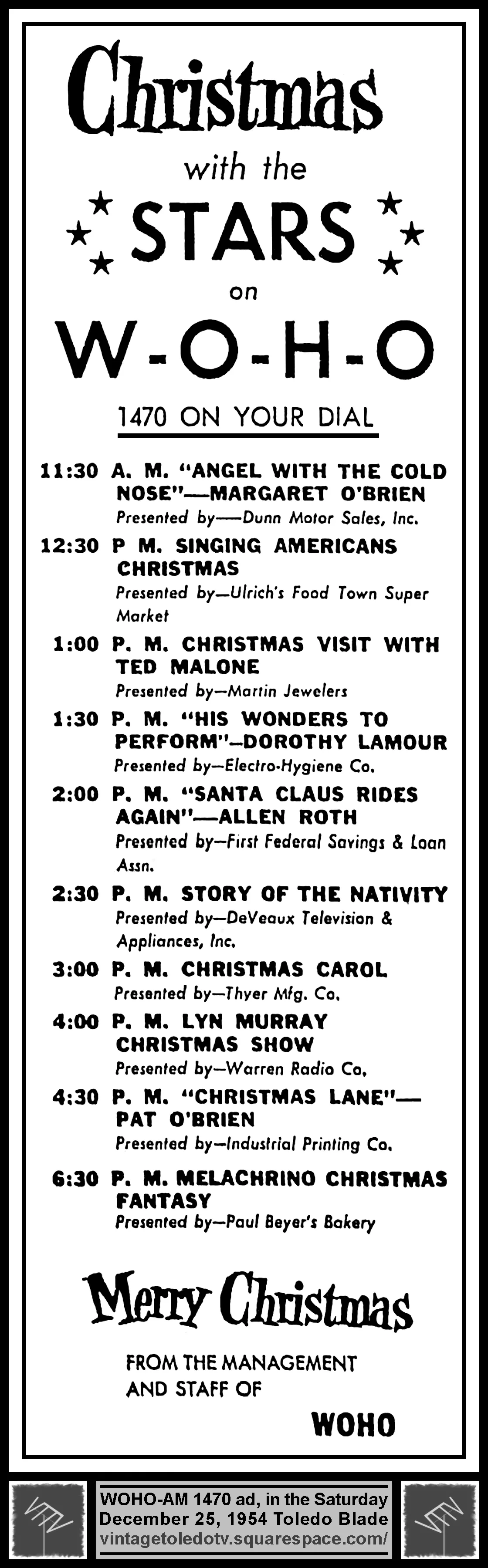 Christmas with the Stars, on WOHO-AM (Saturday, 12/25/54 ad, in The Blade Peach Section)