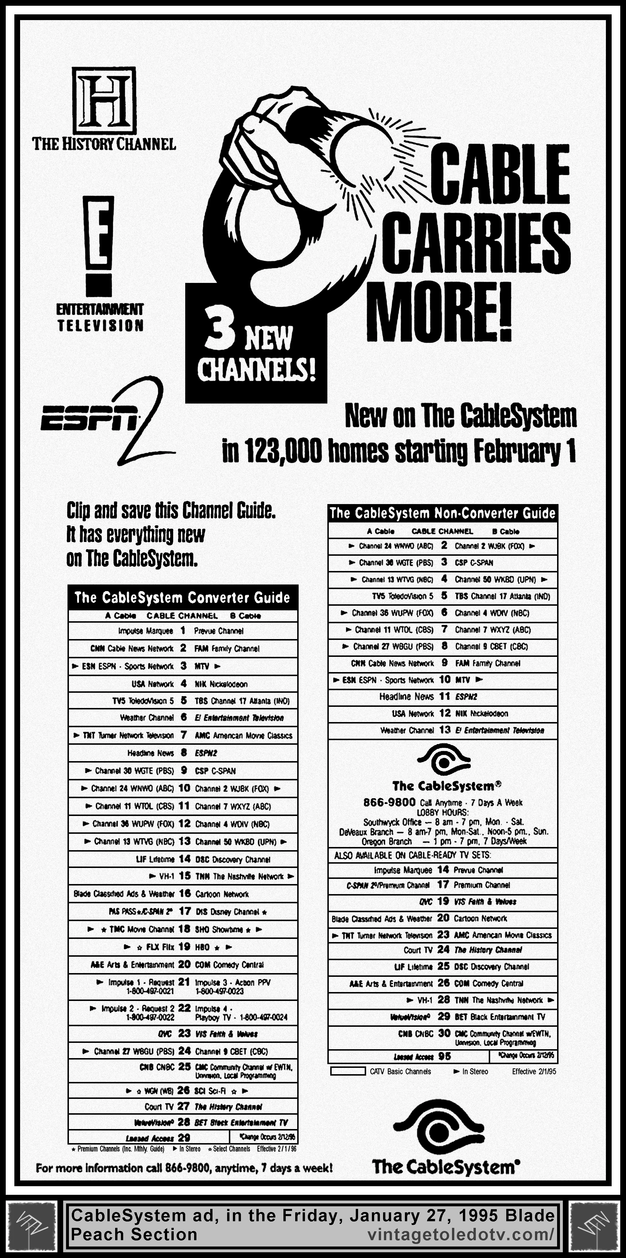 January 1995 CableSystem Channel Guide (Fri. 1/27/95 ad in The Blade Peach Section)