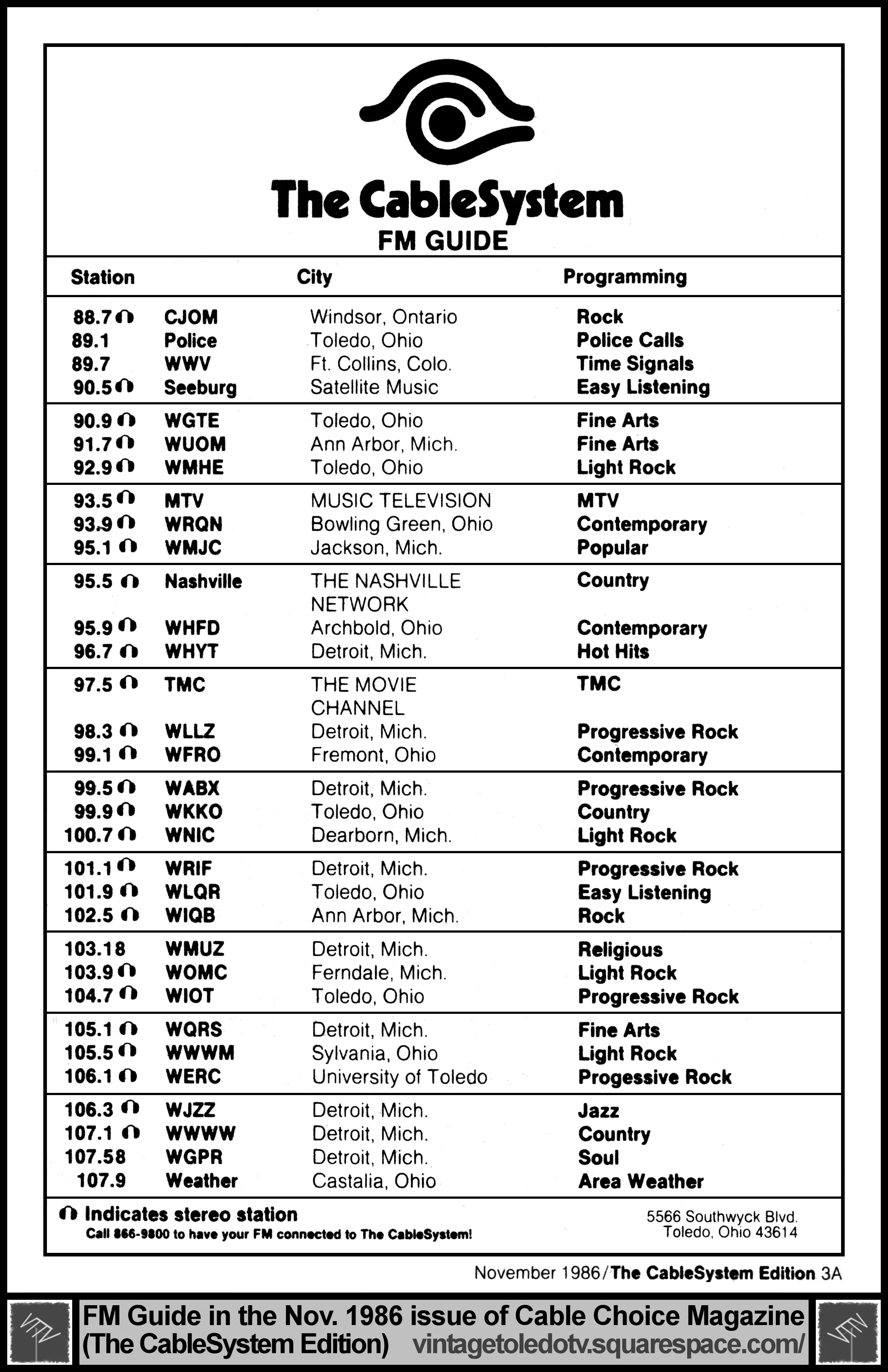 November 1986 CableSystem FM Guide (in the Nov. 1986 issue of Cable Choice Magazine)