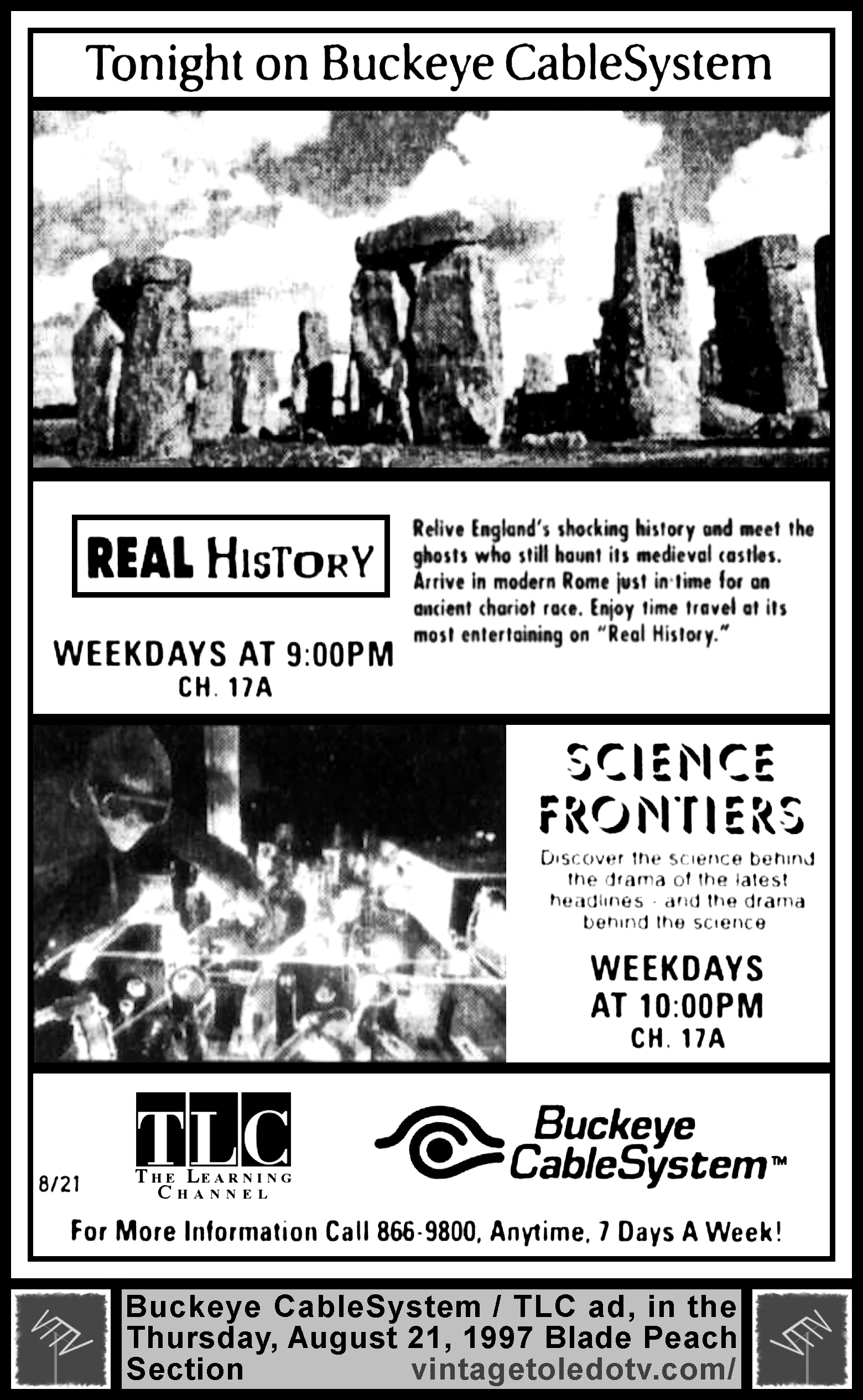 Real History and Science Frontiers on TLC (Thu 8/21/97 ad in The Blade Peach Section)