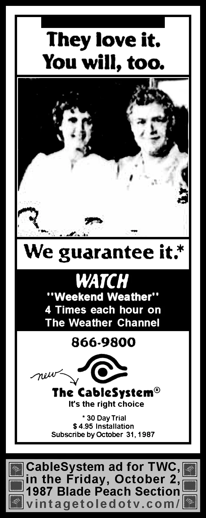 Weekend Weather on The Weather Channel (Fri. 10/2/87 ad in The Blade Peach Section)