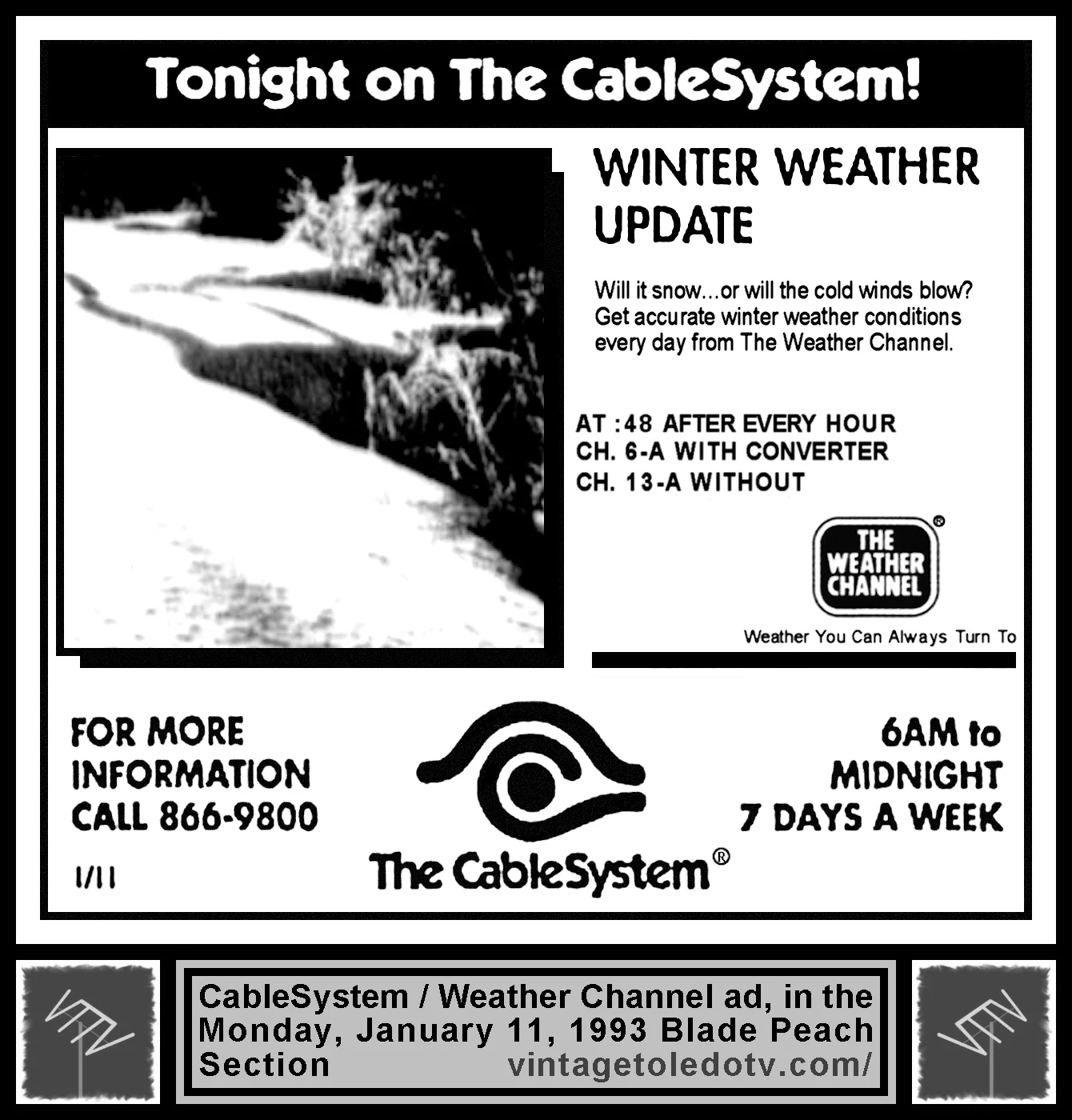 Winter Weather Update on The Weather Channel (Mon. 1/11/93 ad in The Blade Peach Section)
