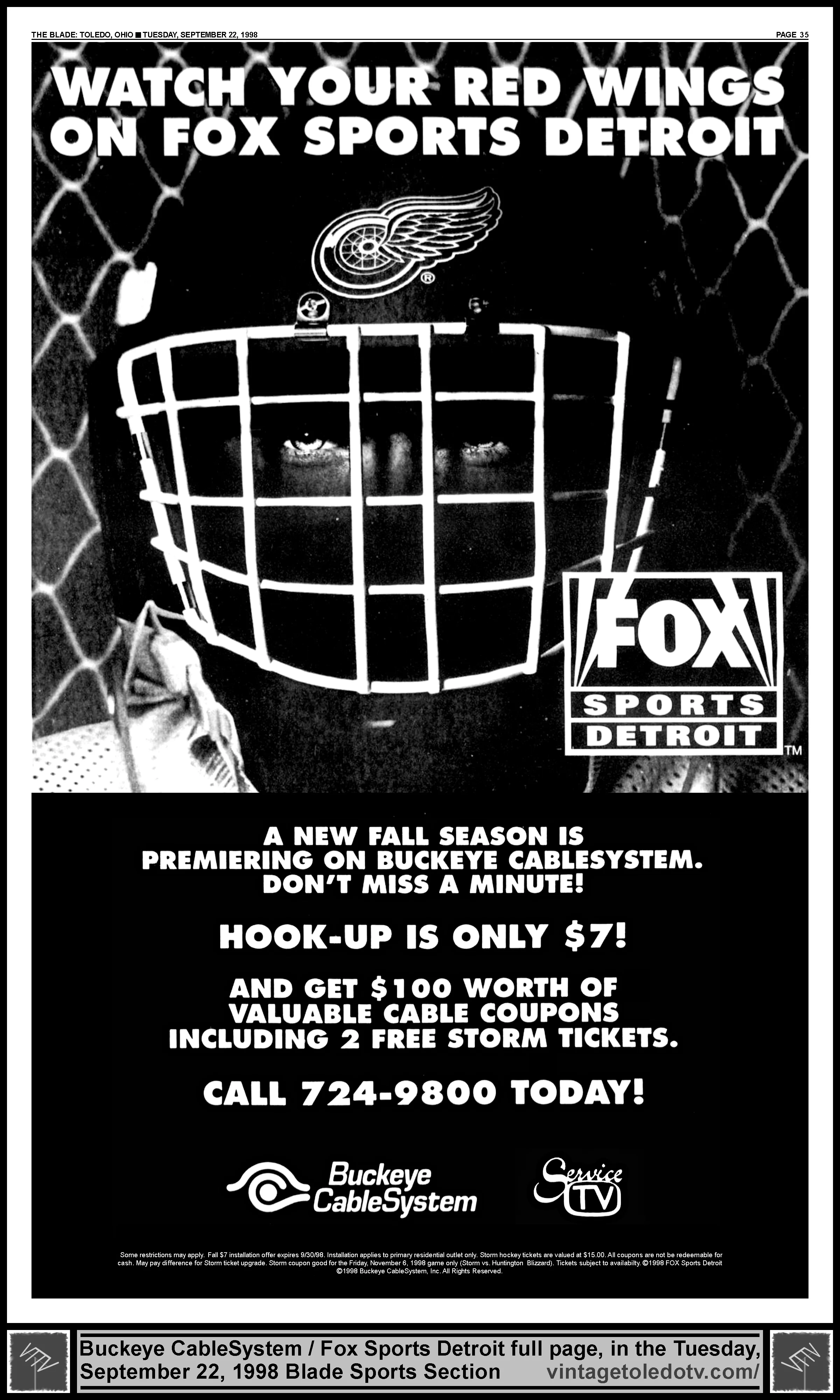 Watch Your Red Wings on Fox Sports Detroit (Tue. 9/22/98 full-page ad in The Blade Sports Section)