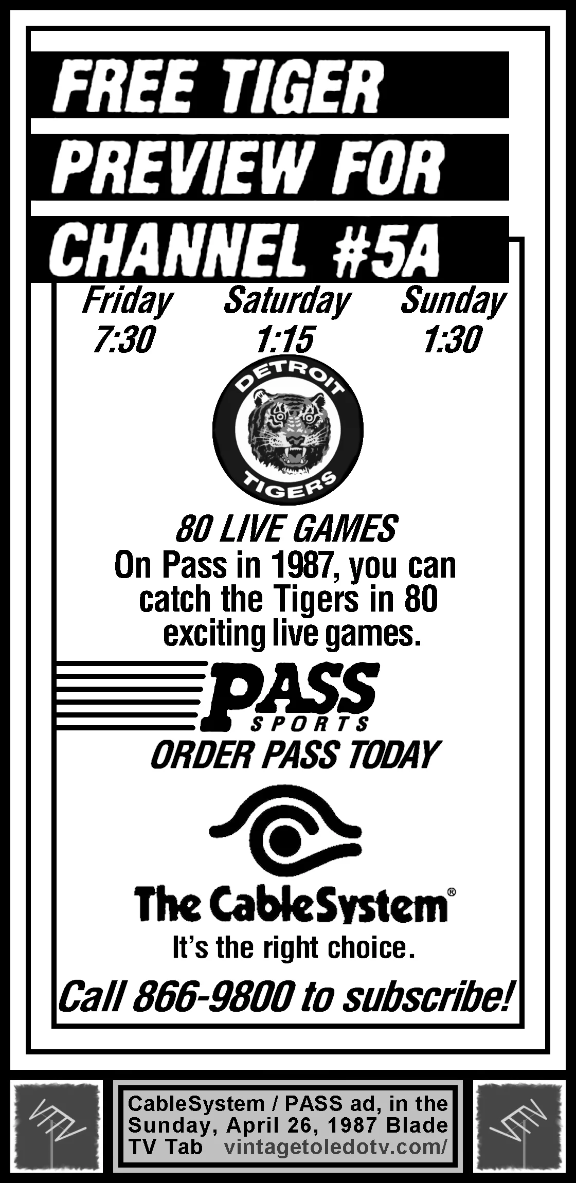 Free PASS Tiger Preview on 5A (Sun. 4/26/87 ad in The Blade TV Tab)