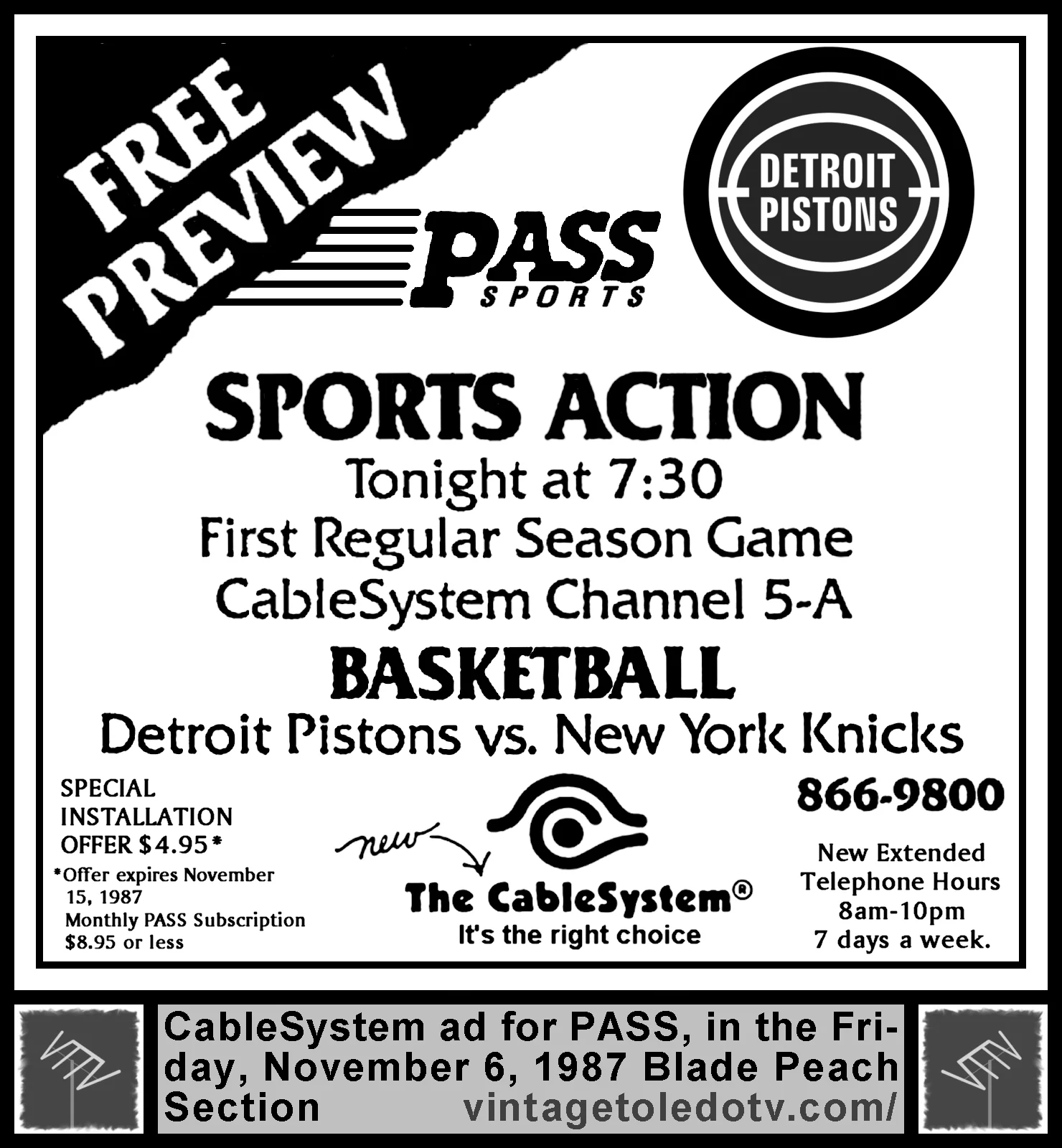 PASS Free Preview on 5A (Fri. 11/6/87 ad in The Blade Peach Section)