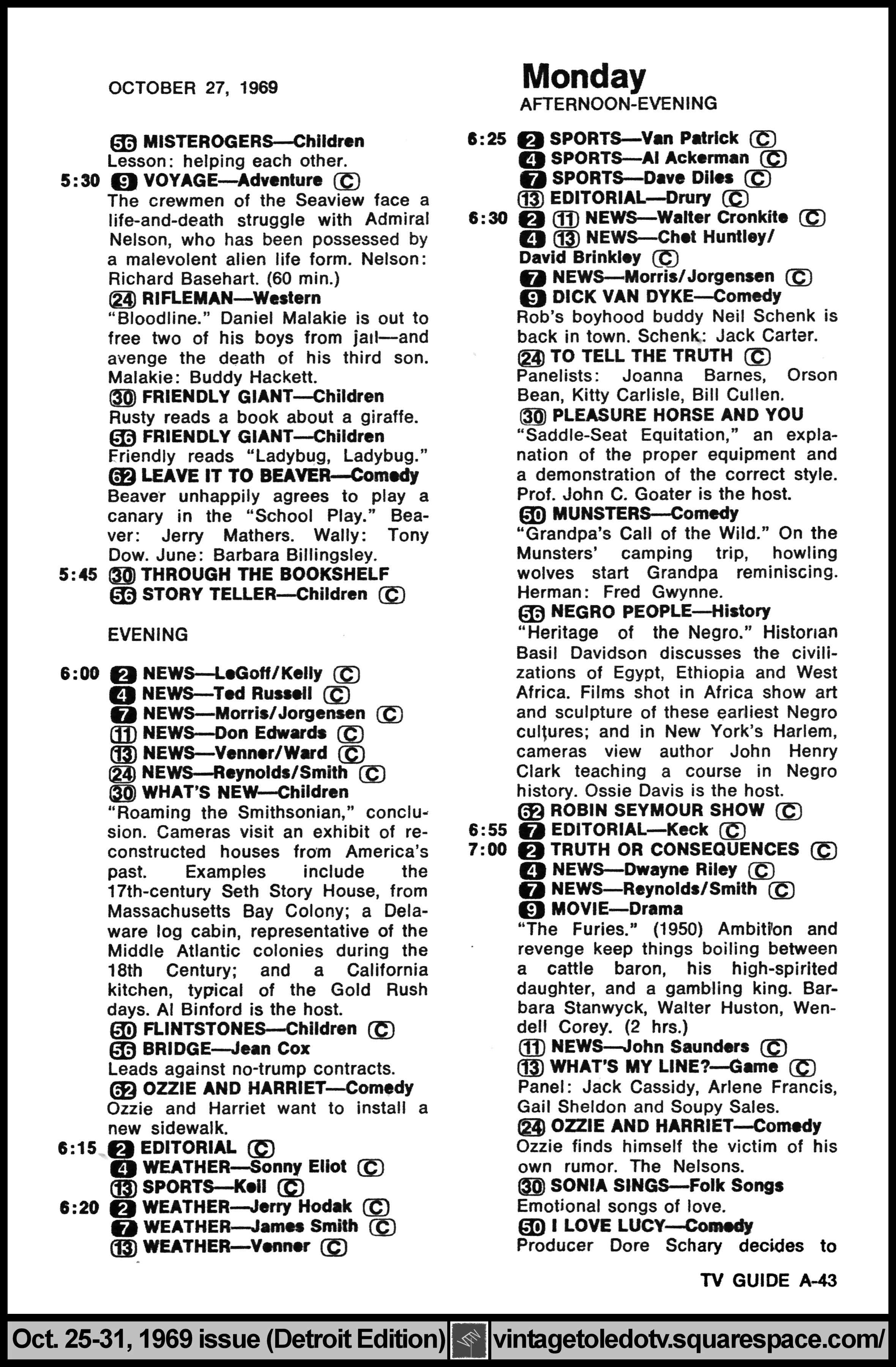 October 25-31, 1969 TV Guide Magazine (Detroit edition) page A-43