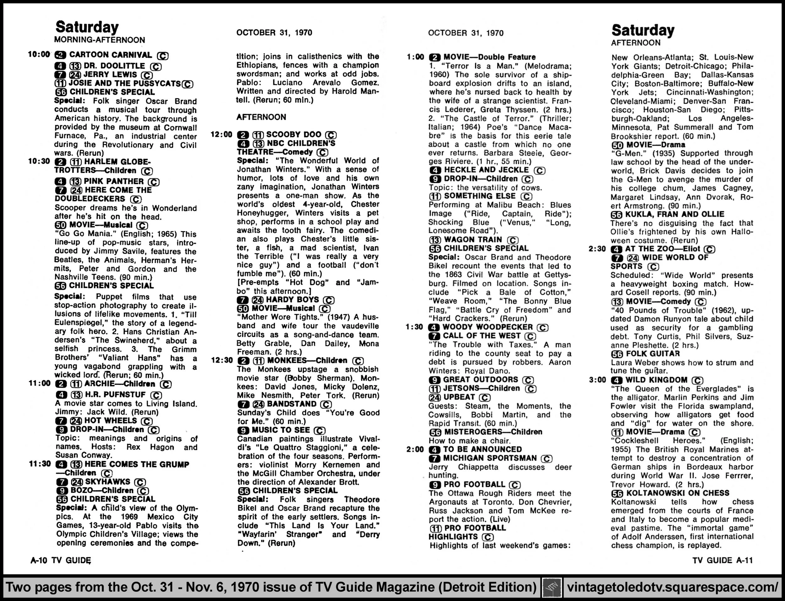 October 31-November 6, 1970 TV Guide Magazine (Detroit edition) pages A-10 & A-11