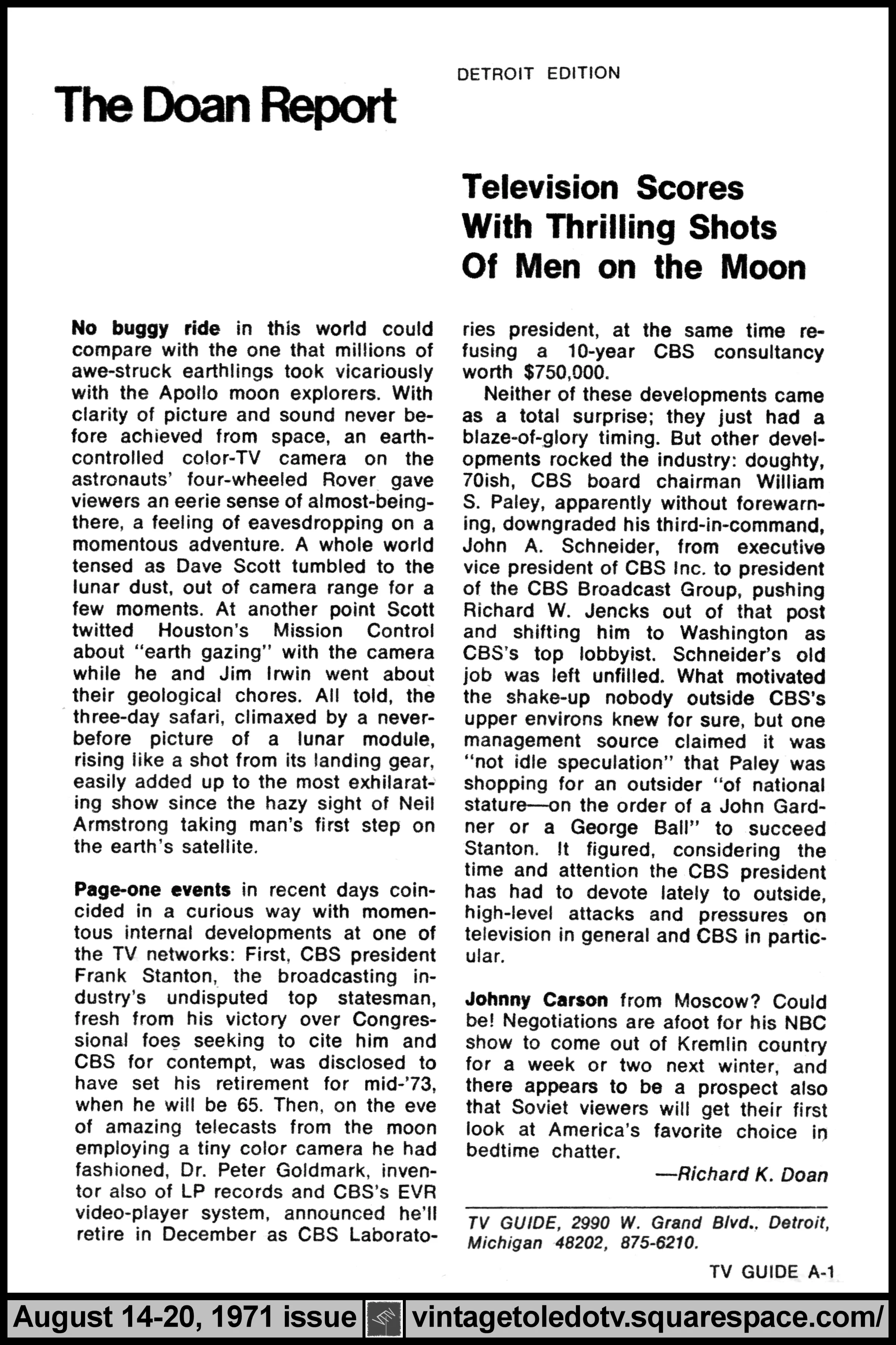 August 14-20, 1971 TV Guide Magazine (Detroit edition) page A-1 (The Doan Report)