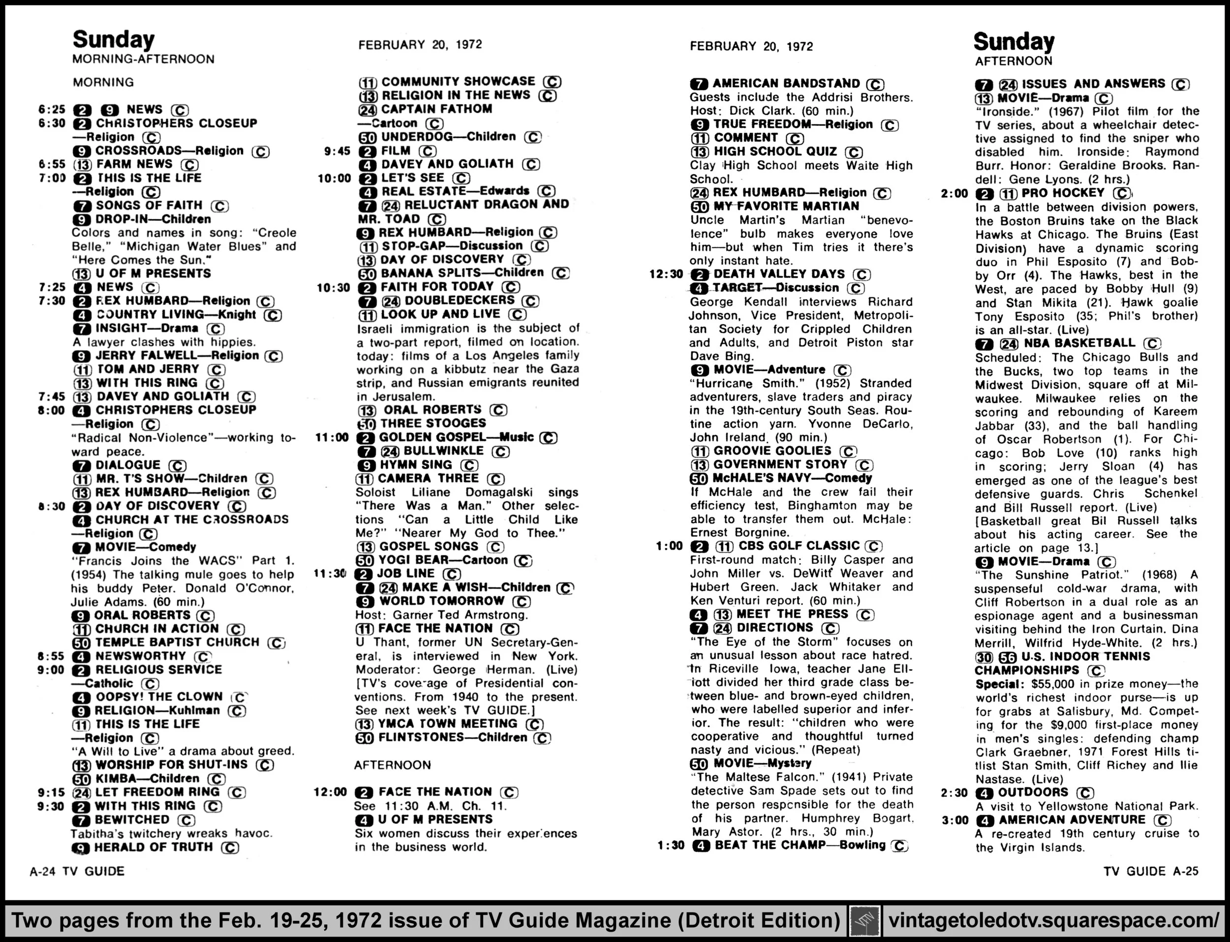 February 19-25, 1972 TV Guide Magazine (Detroit edition) pages A-24 & A-25