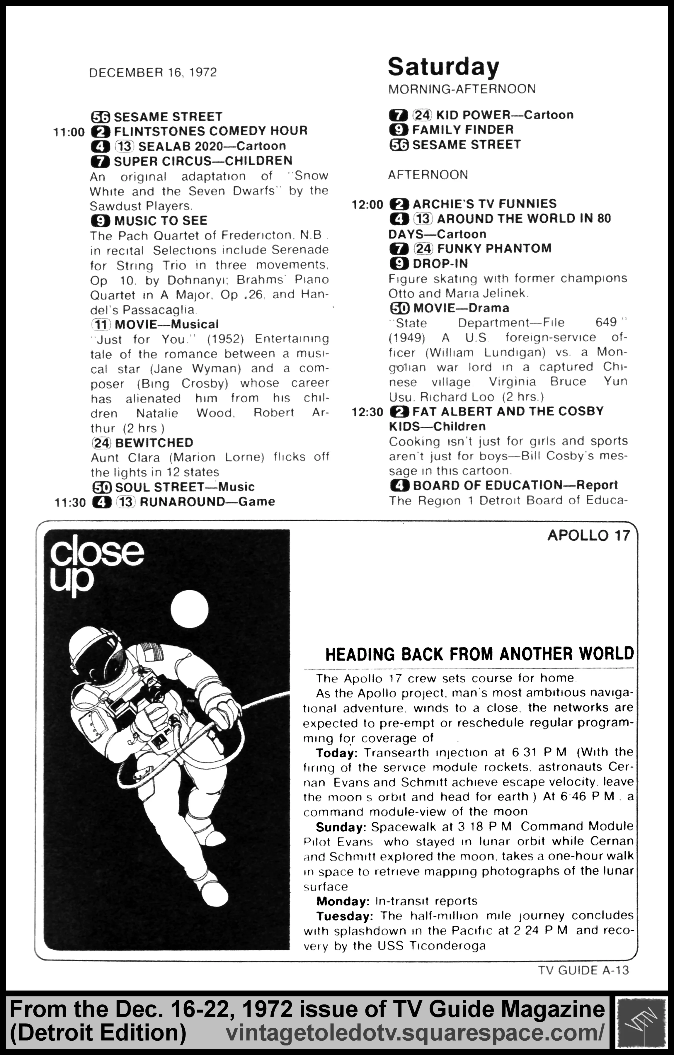 December 16-22, 1972 TV Guide Magazine (Detroit edition) page A-13