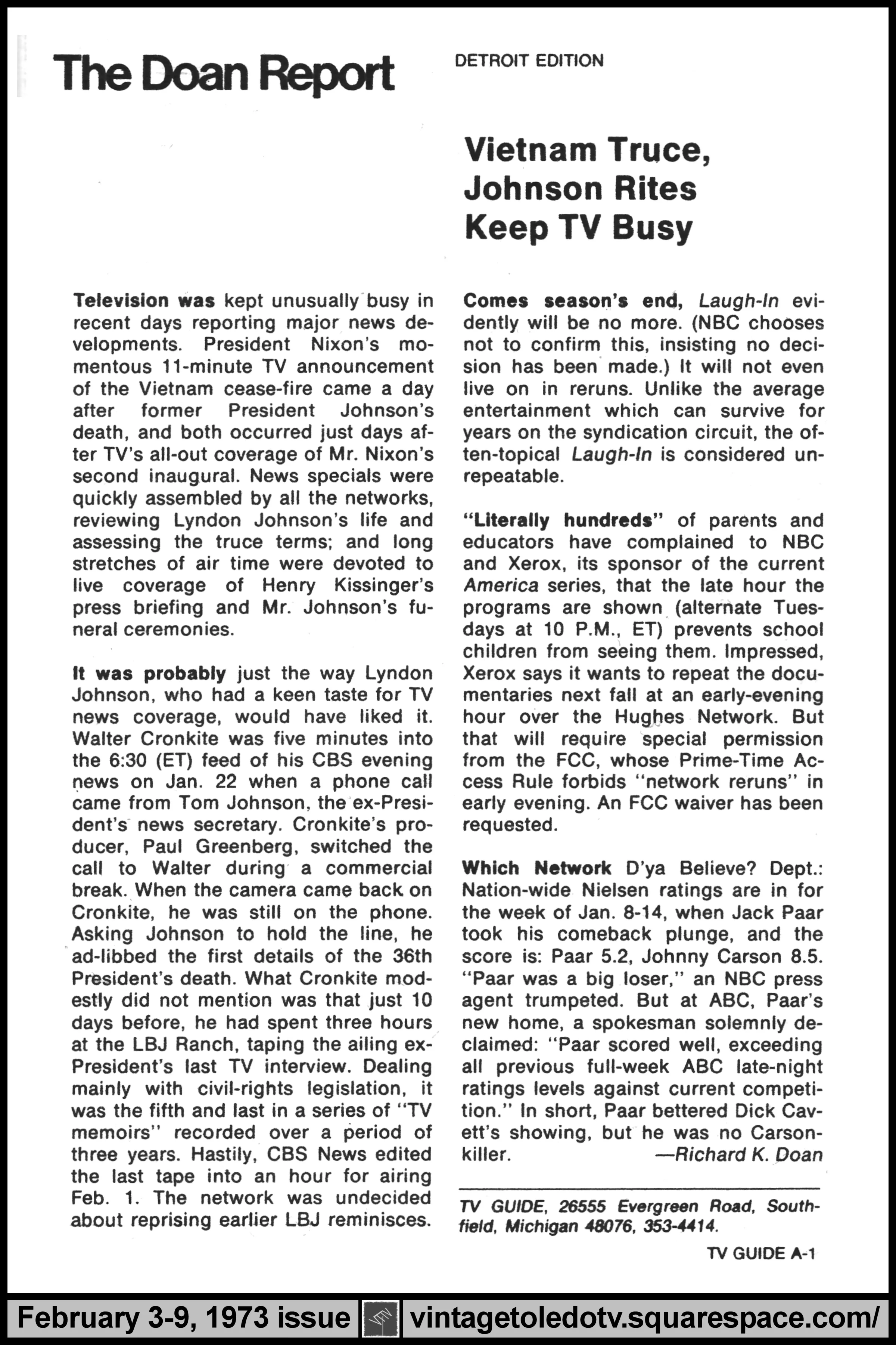 February 3-9, 1973 TV Guide Magazine (Detroit edition) page A-1 (The Doan Report)