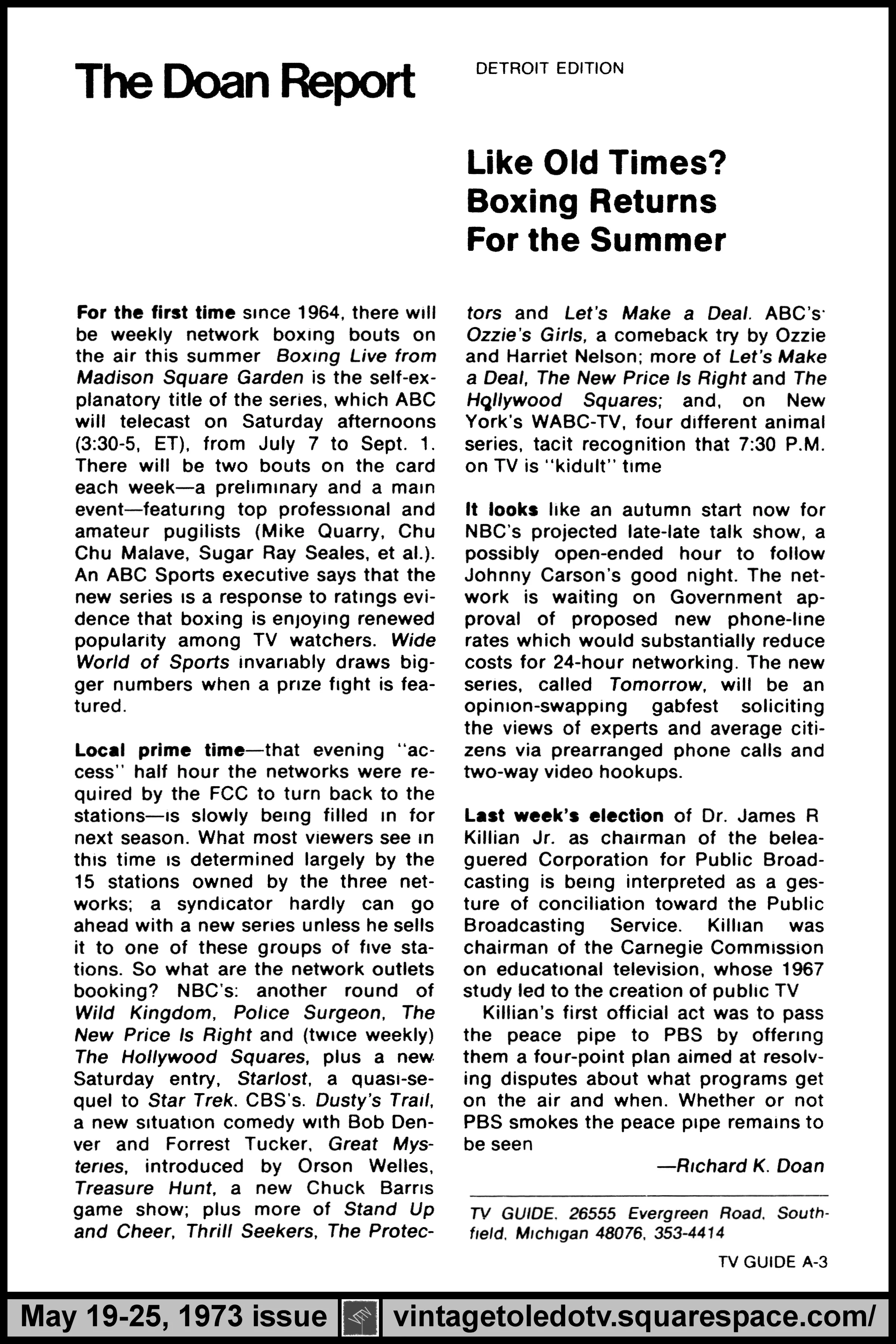 May 19-25, 1973 TV Guide Magazine (Detroit edition) page A-3 (The Doan Report)
