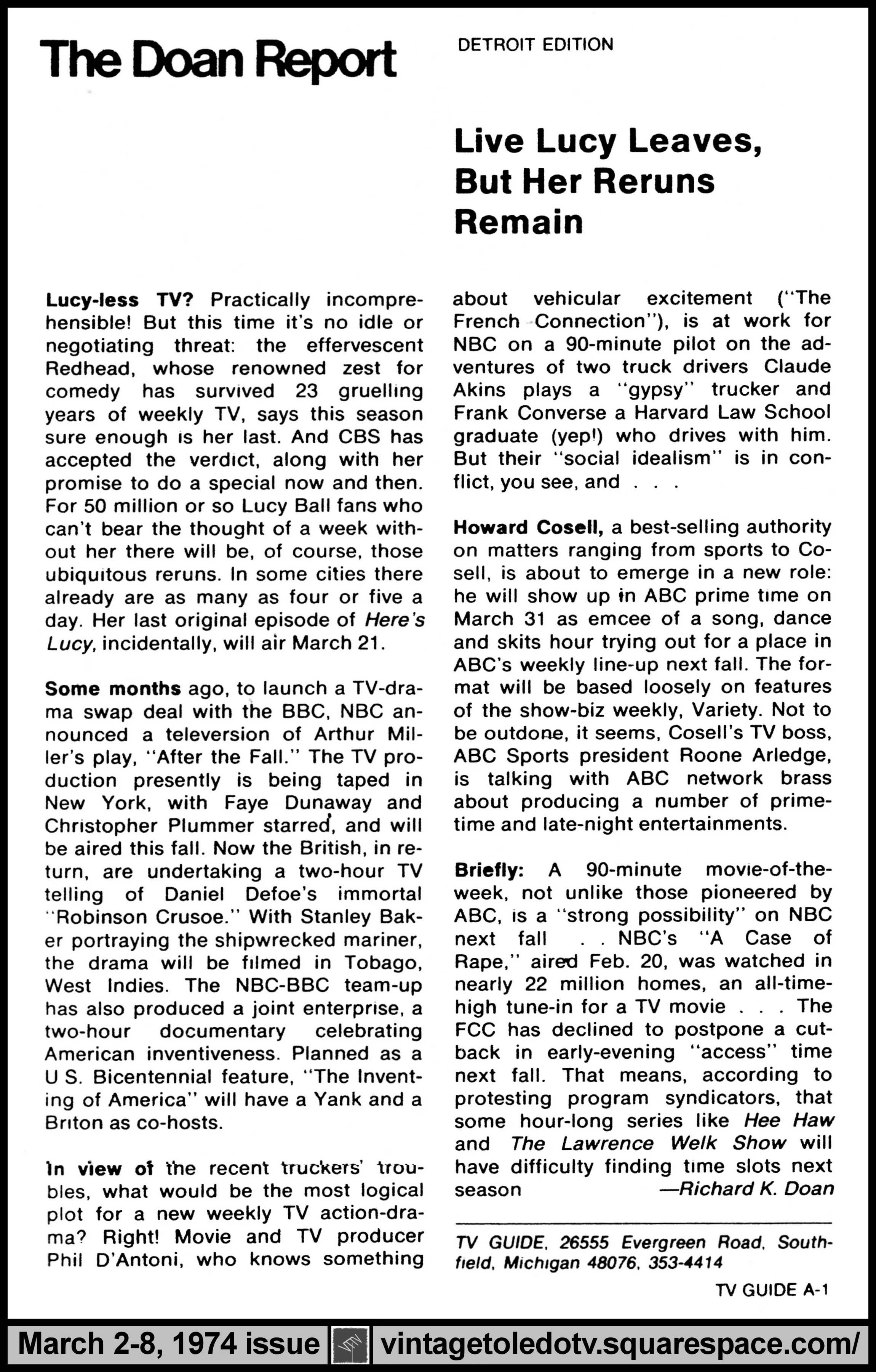 March 2-8, 1974 TV Guide Magazine (Detroit edition) page A-1 (The Doan Report)