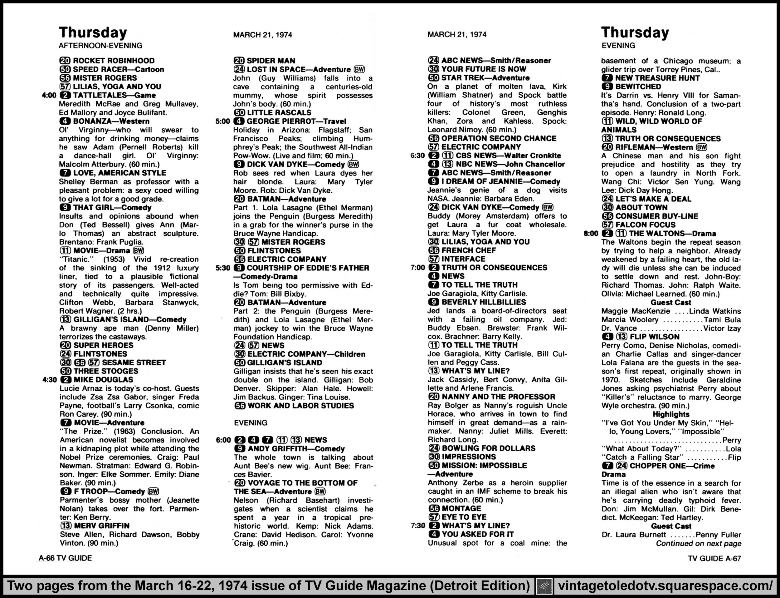 March 16-22, 1974 TV Guide Magazine (Detroit edition) pages A-66 & A-67