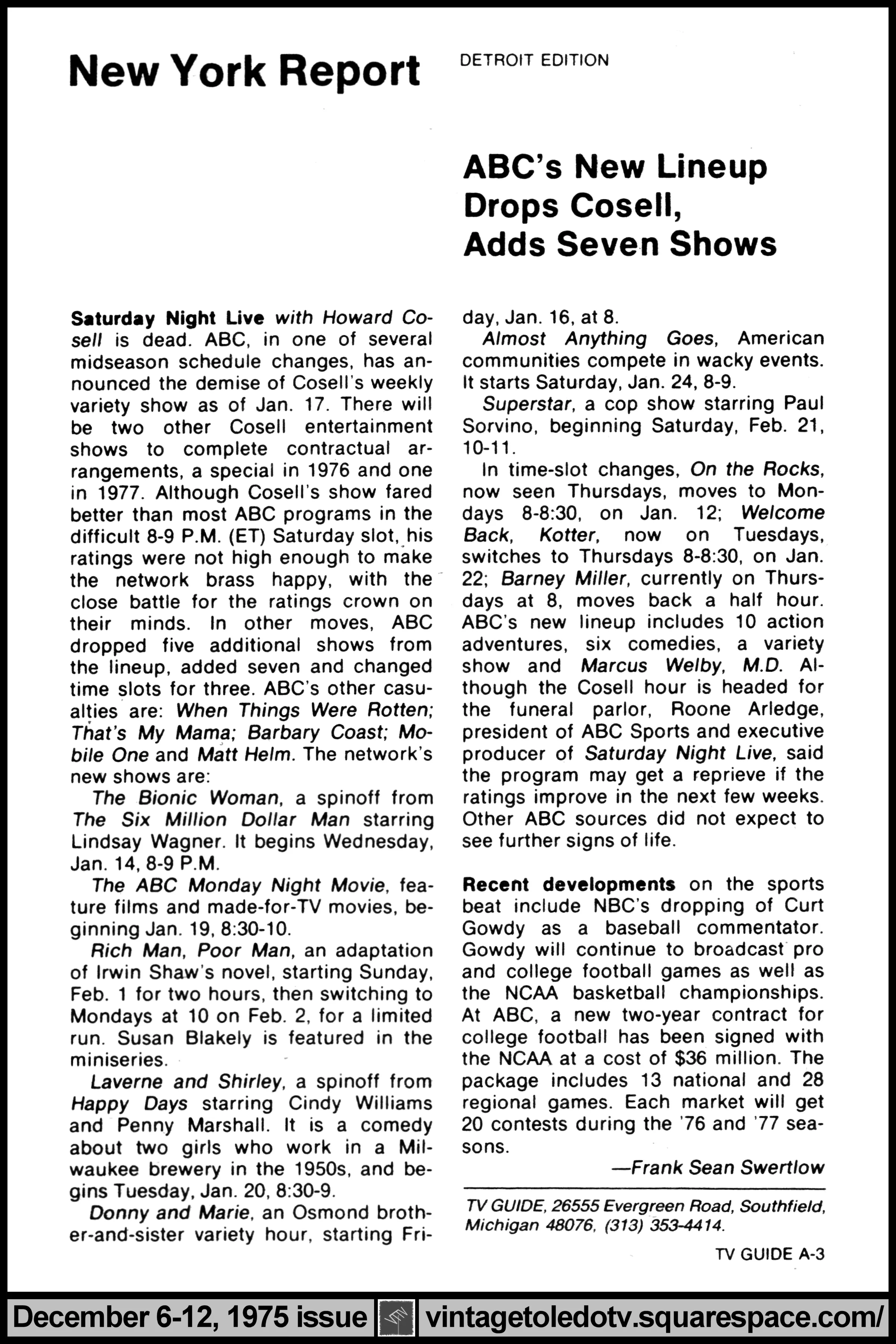 December 6-12, 1975 TV Guide Magazine (Detroit edition) page A-3 (New York Report)
