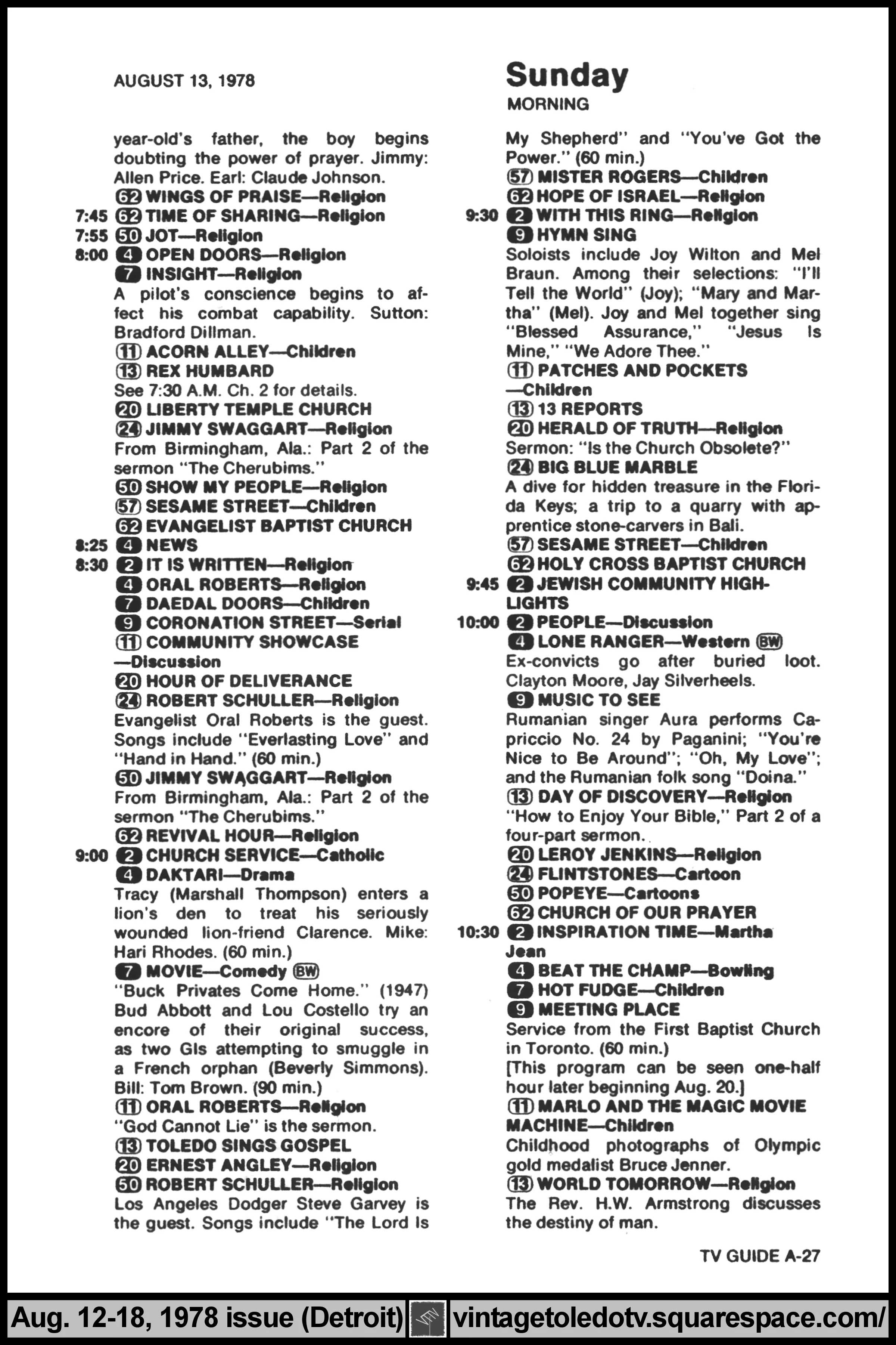 August 12-18, 1978 TV Guide Magazine (Detroit edition) page A-27