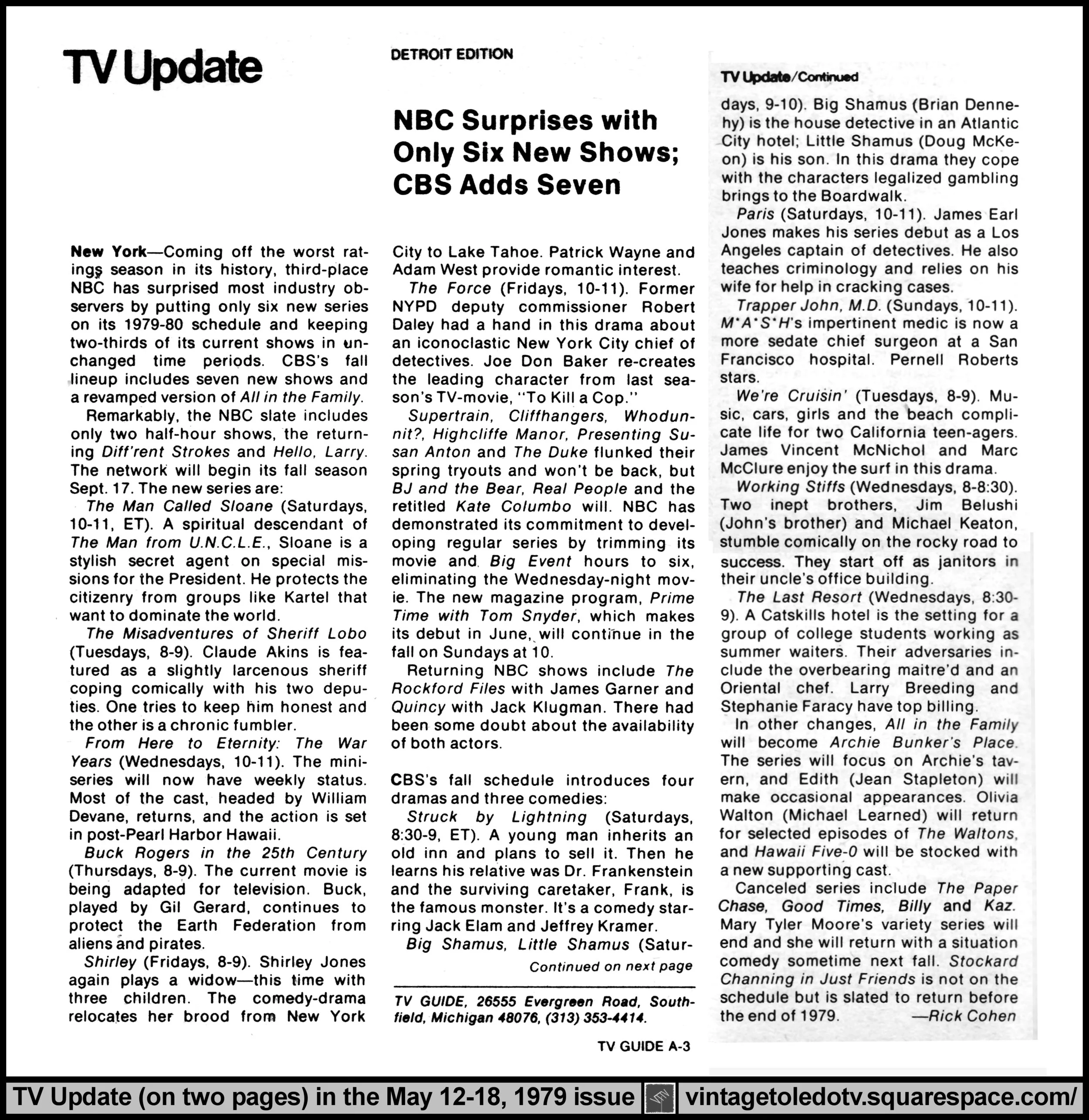 May 12-18, 1979 TV Guide Magazine (Detroit edition) page A-3 and part of A-4 (TV Update)