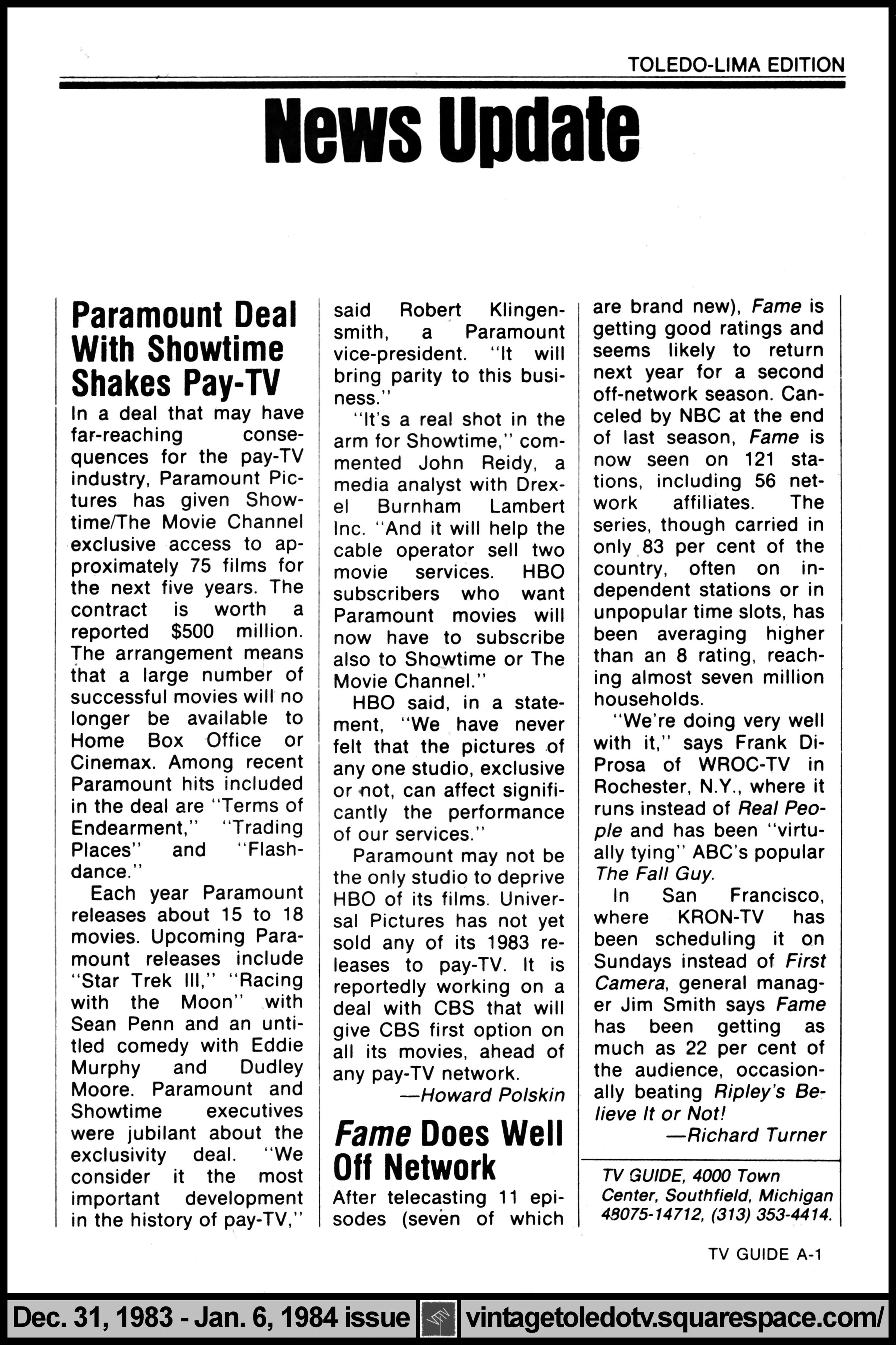 December 31, 1983-January 6, 1984 TV Guide Magazine (Toledo-Lima edition) page A-1 (News Update)