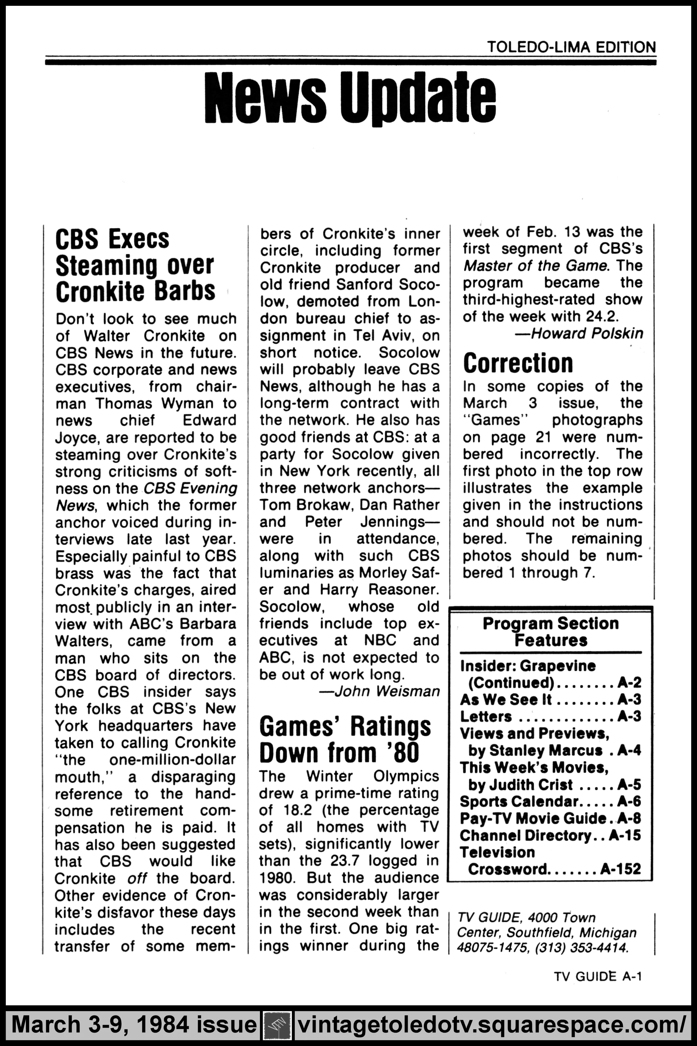 March 3-9, 1984 TV Guide Magazine (Toledo-Lima edition) page A-1 (News Update)
