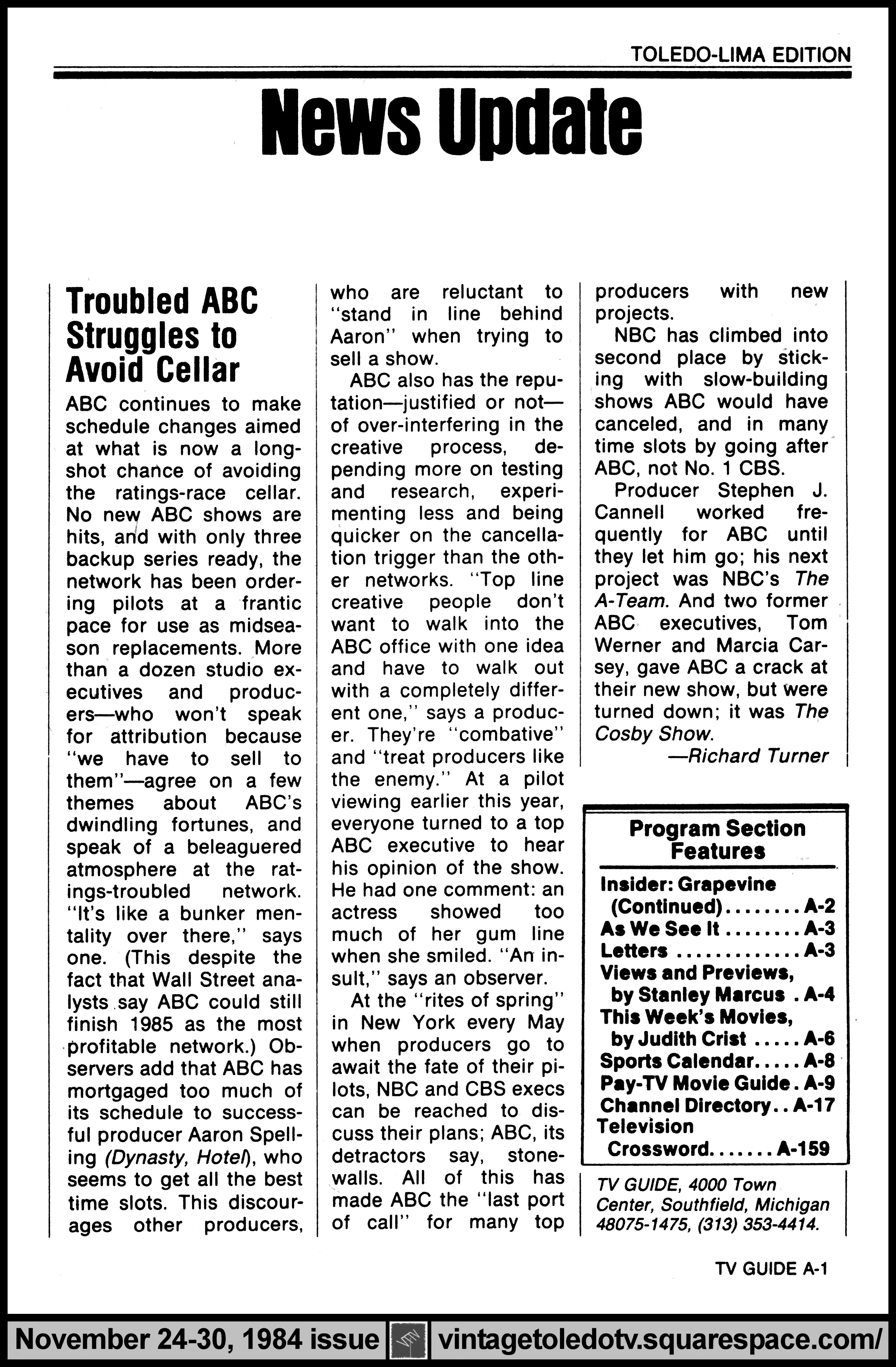 November 24-30, 1984 TV Guide Magazine (Toledo-Lima edition) page A-1 (News Update)