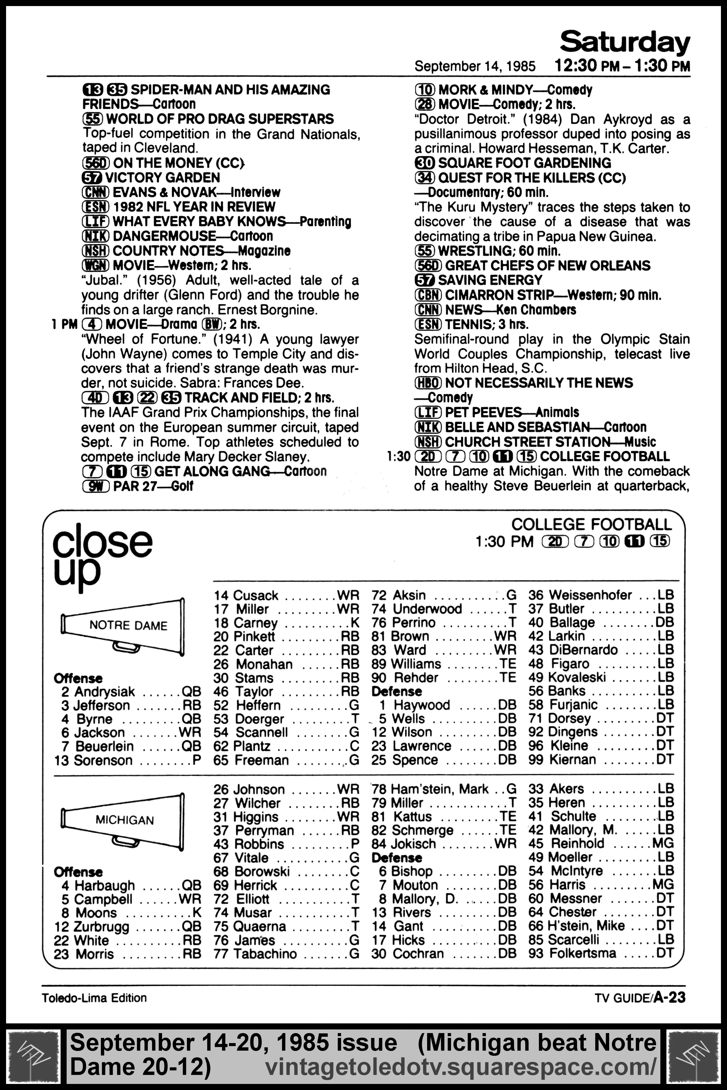 September 14-20, 1985 TV Guide Magazine (Toledo-Lima edition) page A-23